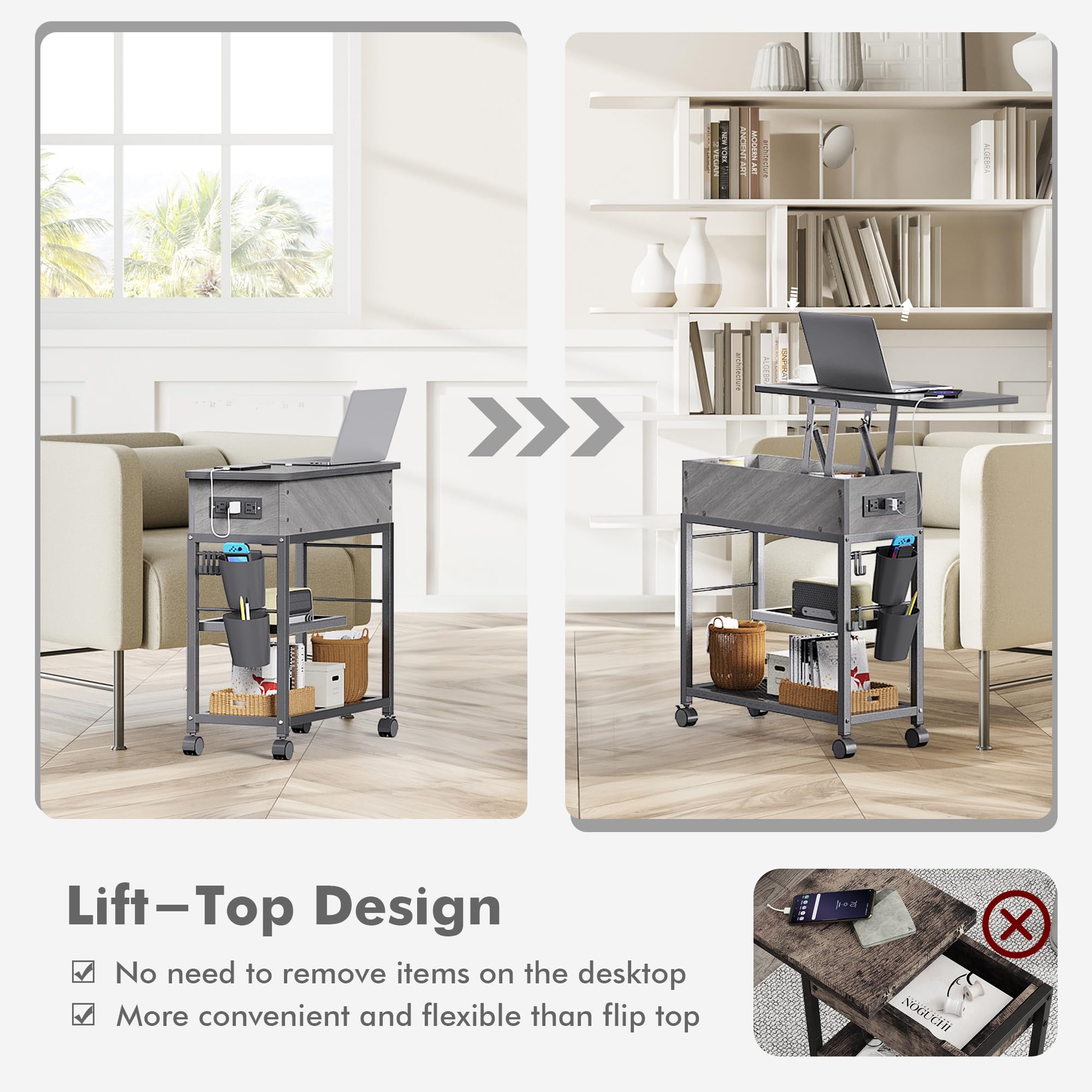 Colima Lift Top End Table with Charging Station and Wheels, Sofa Side