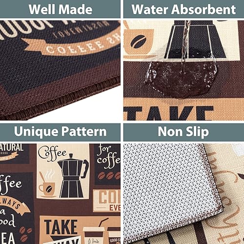 Miniatura 3 de Carvapet 2 piezas Tapete antideslizante de cocina Tapete con respaldo de caucho termoplástico antideslizante diseño de Café 17 x 48 pulgadas y 17 x