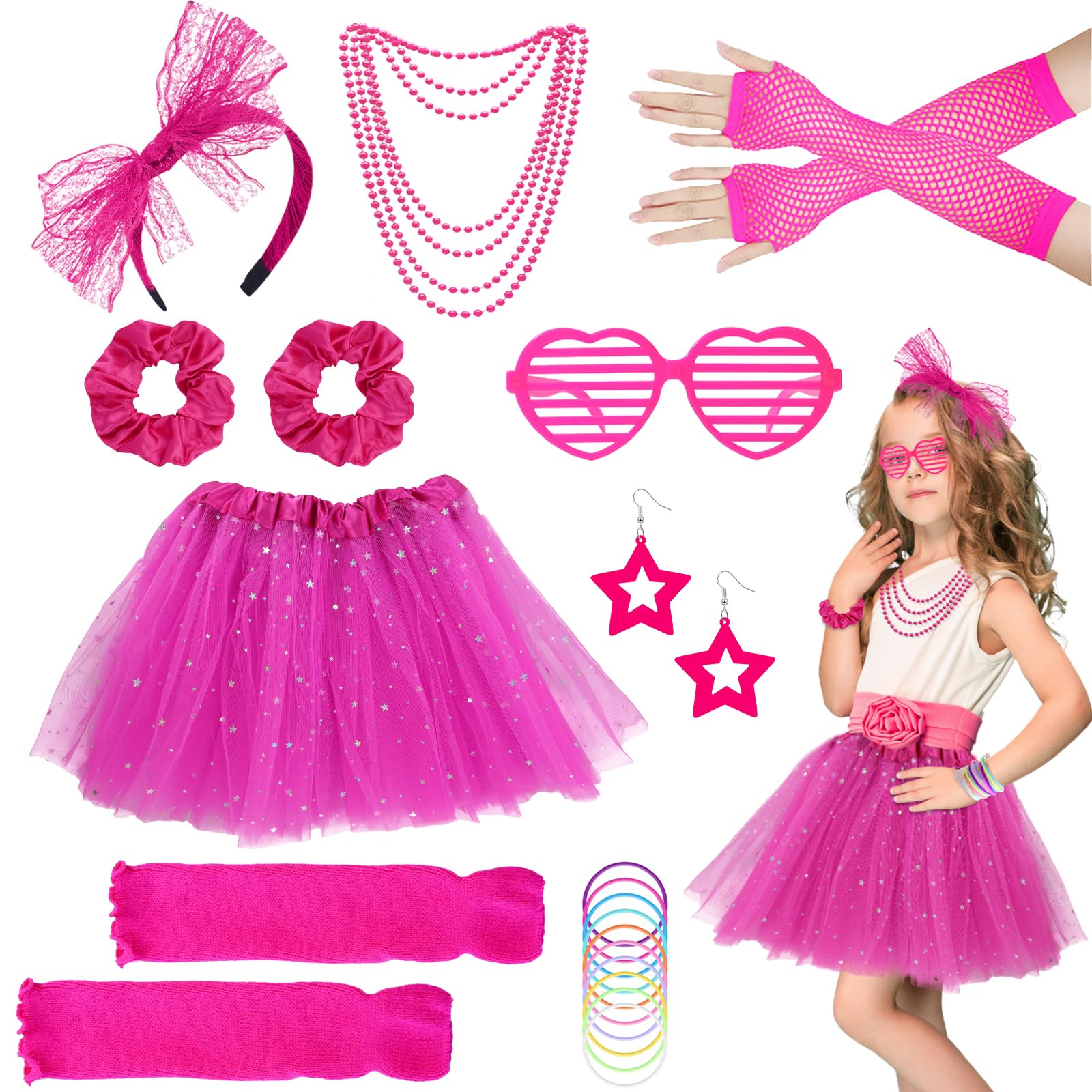 22Pcs Girls 80s Costume Accessories Set 1980s Fancy Dress Outfit with Tutu Skirt Fishnet Gloves Leg Warmers Bow Headband Necklace Bracelets Glasses for Kids 1980s Theme Party, Rose Red