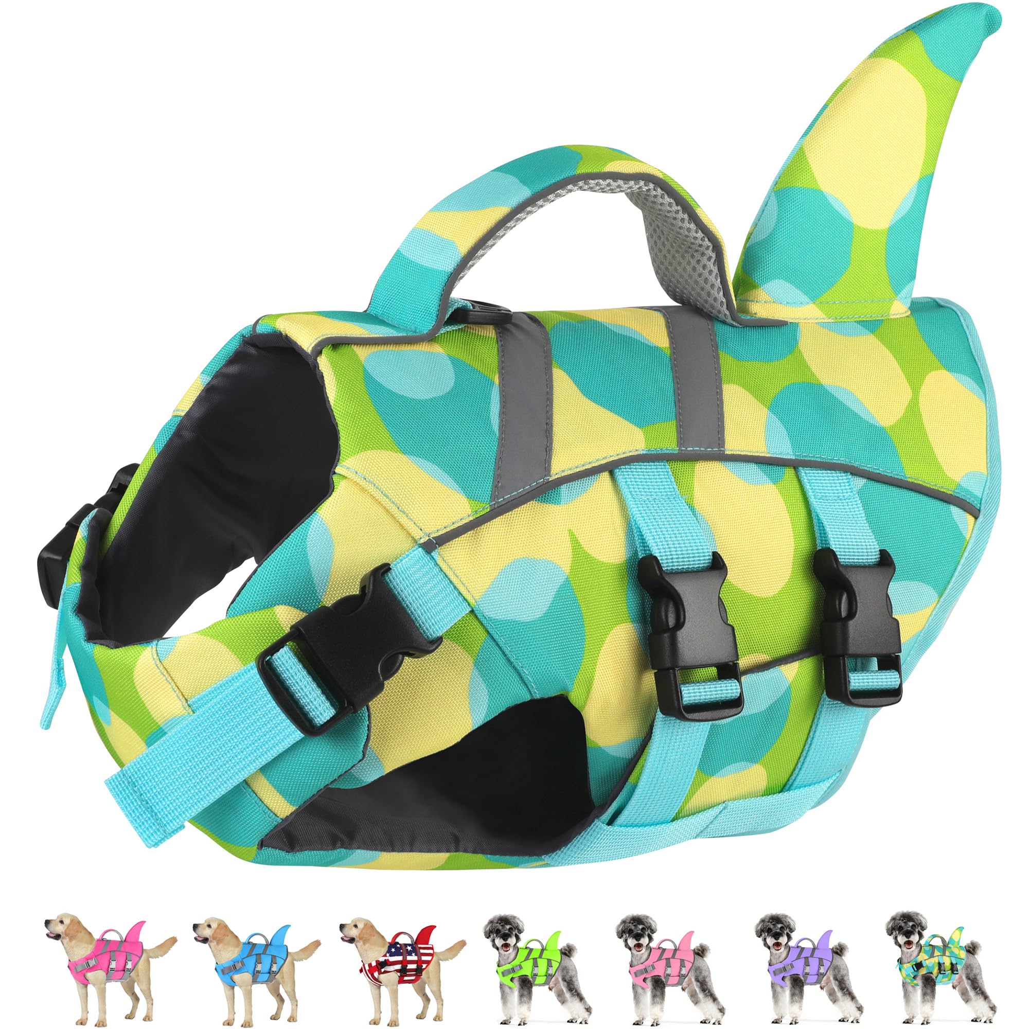Dogcheer Gilet de sauvetage réglable en forme d'aileron de requin pour la natation et le bateau, gilet de flottaison pour animal domestique pour chiens de petite, moyenne et grande taille, vert coloré