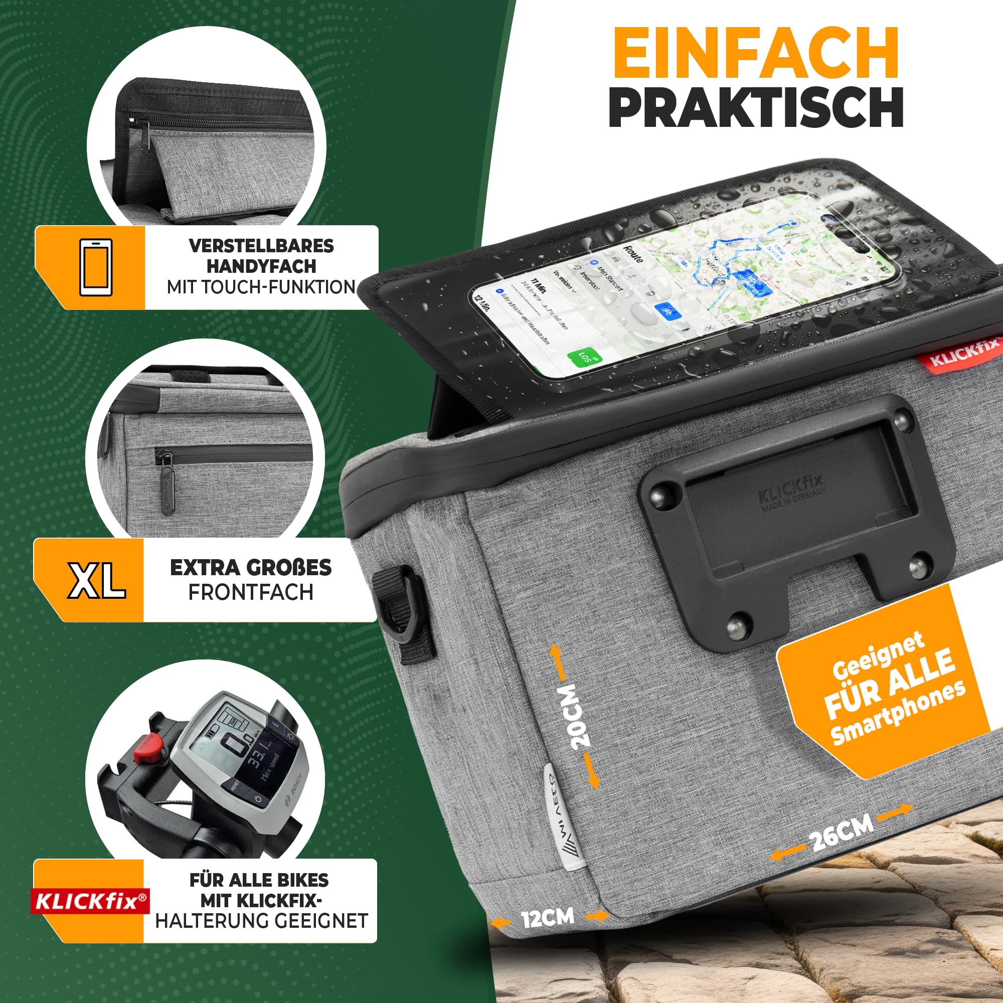 MIVELO Lenkertasche Fahrrad - Fahrradtasche Lenker - wasserabweisend & geräumig - Lenkertasche - Tasche Lenker - E-Bike tauglich - mit Handyfach (Grau, ohne Adapter)
