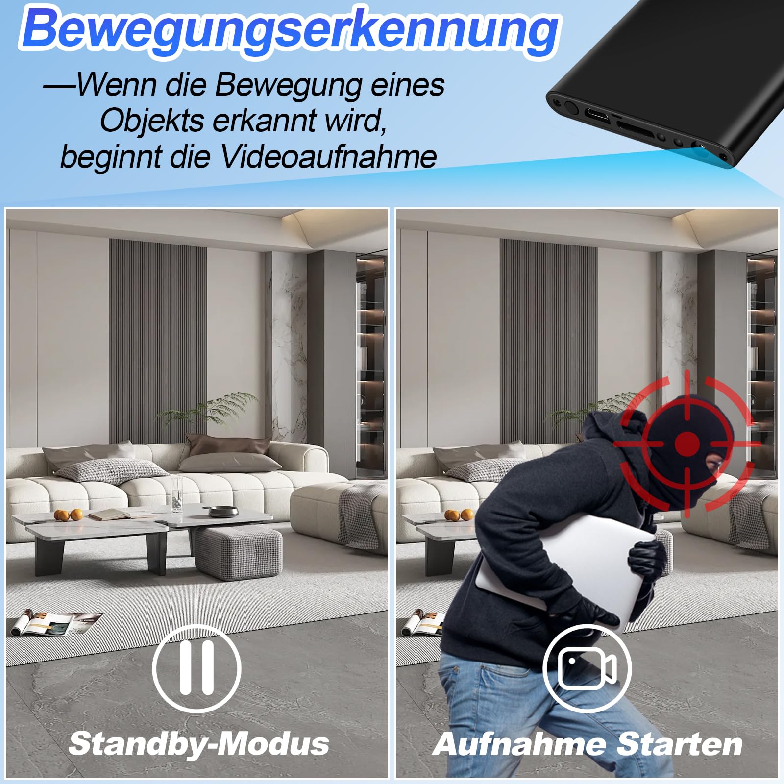 Mini HD Kamera, Dual-Funktion 1080P HD Powerbank Kamera, 17h Aufnahme mit 5000 mAh Akku & 3-in-1-Kabel