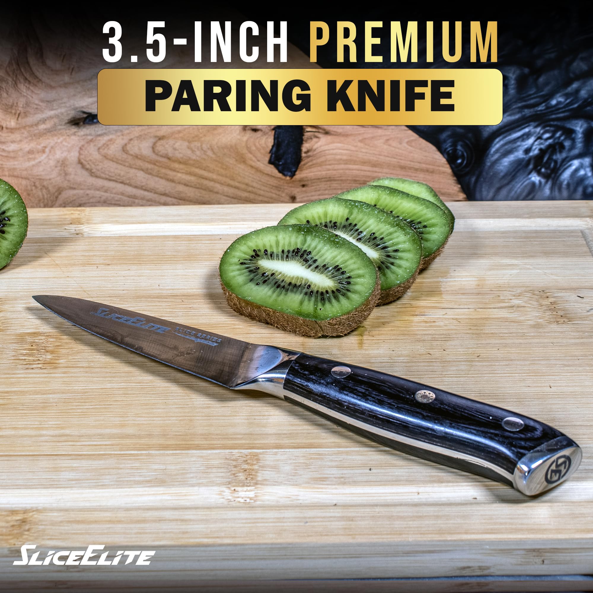 SliceElite Slice Series 3.5-Inch Paring Knife Ultra-Sharp High Carbon German Steel Fruit Knife with Ergonomic Pakkawood Handle & Dual Sheath | Kitchen Knives for Peeling Vegetables & Fruits
