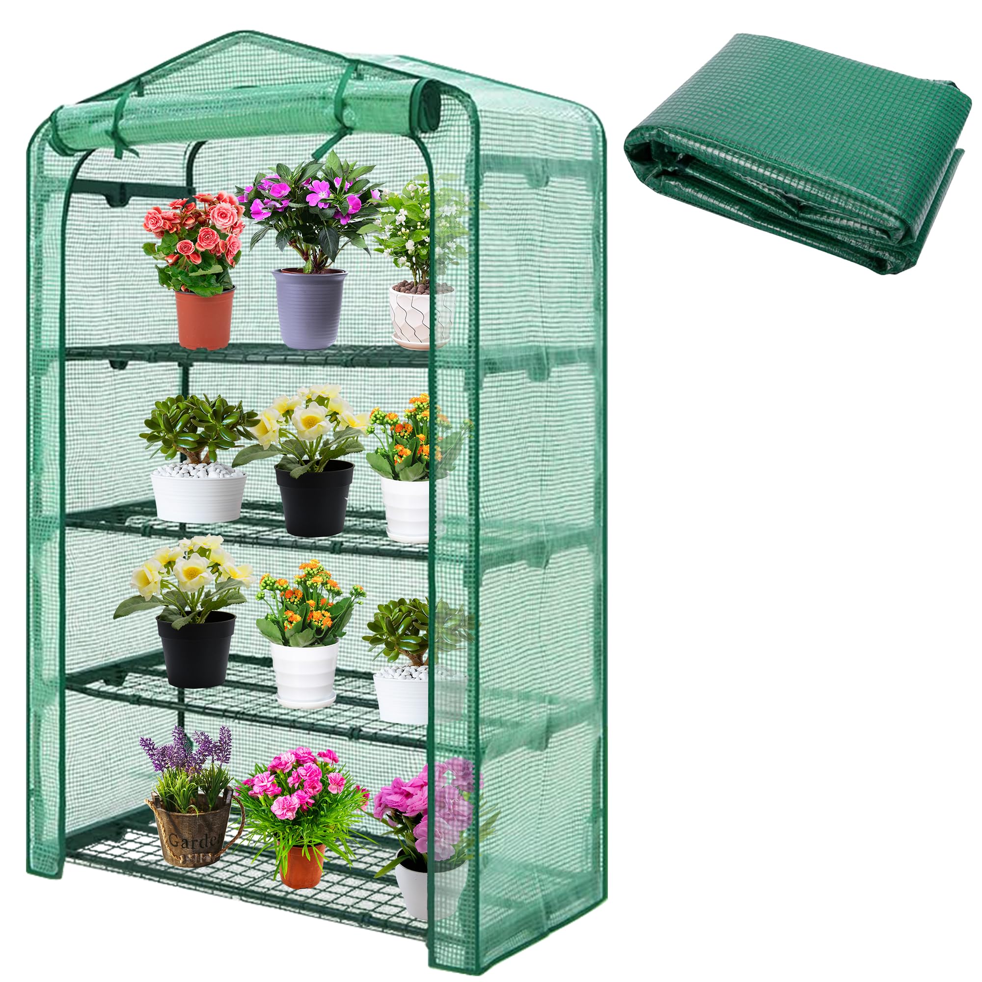 Photo 1 of DECOHS Extra Wide 4 Tier Greenhouse Replacement Cover, 63 x 40 x 19 Inch Green PE Plant Gardening Greenhouse Cover with Roll-Up Zipper Door for Gardening Plants Flowers (Frame Not Include)