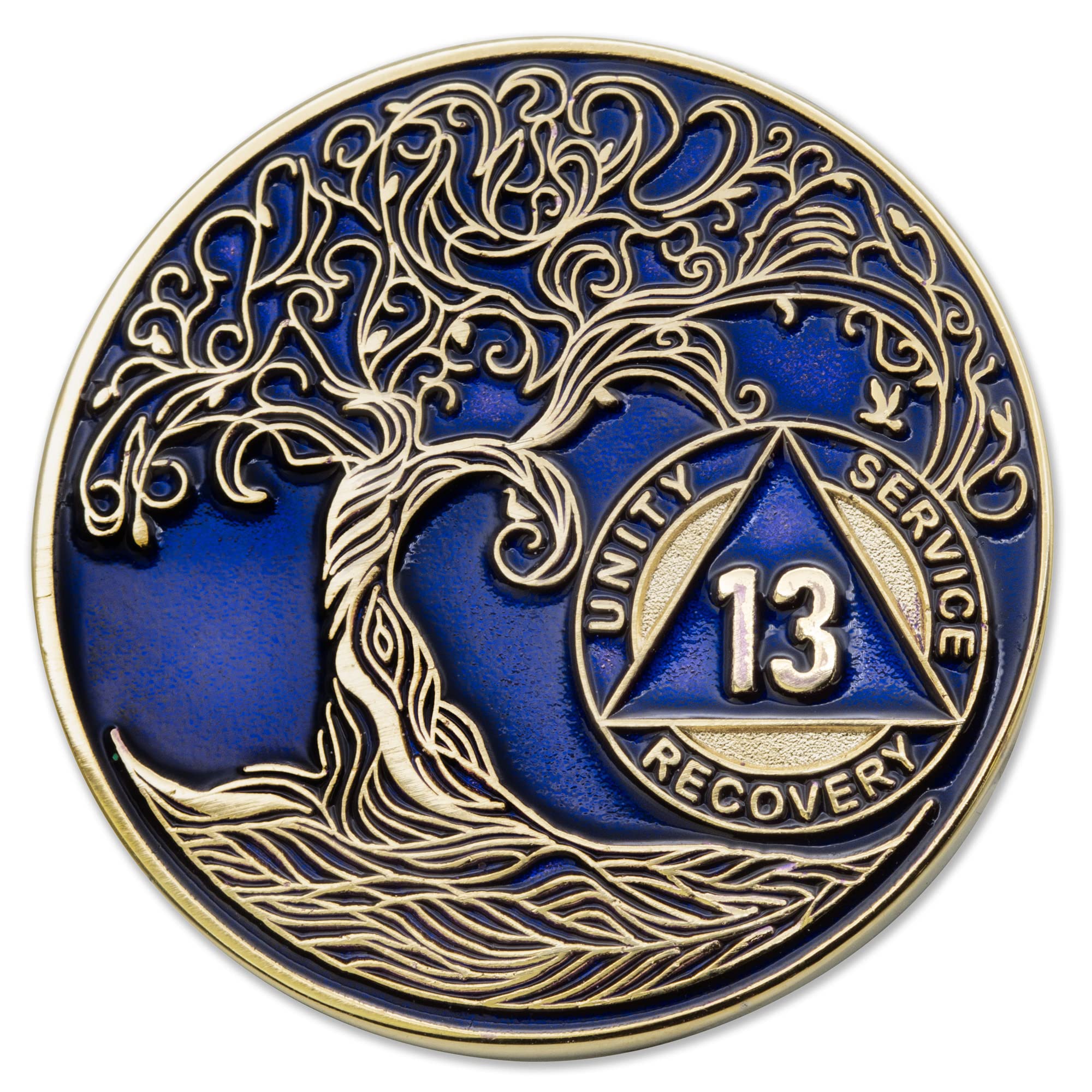 1 to 50 Year Twisted Tree of Life Sobriety Coin - Gold Plated AA Chips &amp; Medallions - 13 Year Sobriety Coin - Translucent Blue