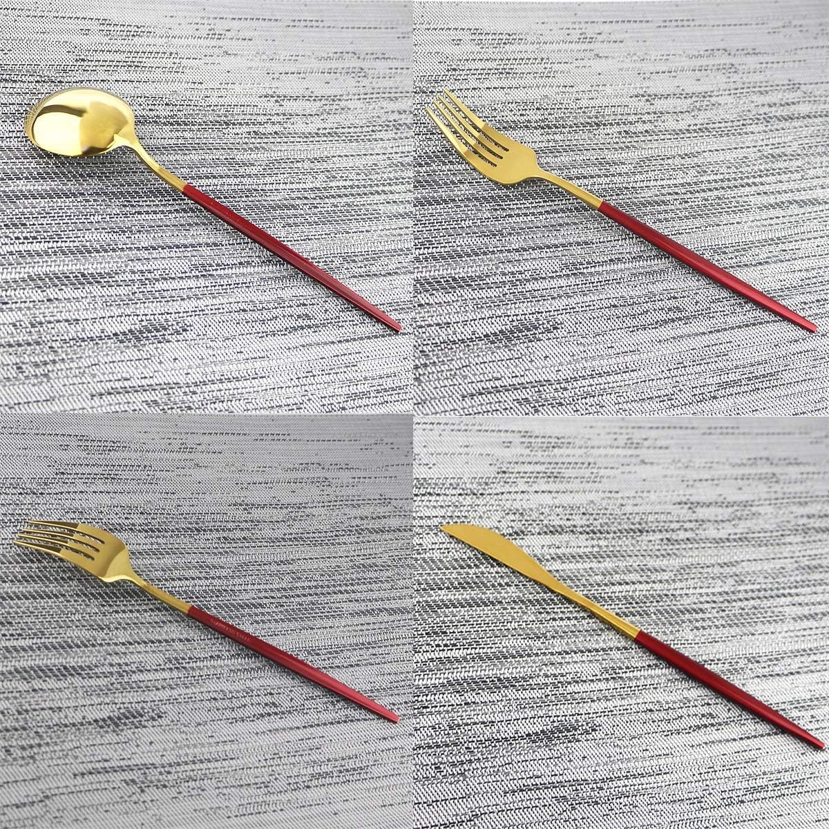 Juego De Cubiertos De Acero Inoxidable 304 De 40 Piezas, Juego De Cubiertos Pulidos A Espejo para 10 Personas, Utensilios Reutilizables con Mangos De Oro Rojo, Ideal para Uso Diario, Reuniones