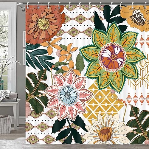 Cortina de ducha bohemia floral para baño, abstracta de mediados de siglo, decoración bohemia, cortinas de baño, flores botánicas, hojas tropicales,