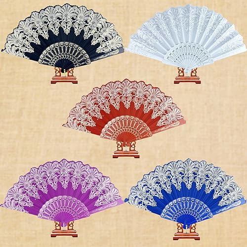 Miniatura 7 de Abanico plegable español, 5 abanicos de mano tradicionales retro con encaje rosa floral elegante ventilador de mano para bodas, bailes, fiestas de