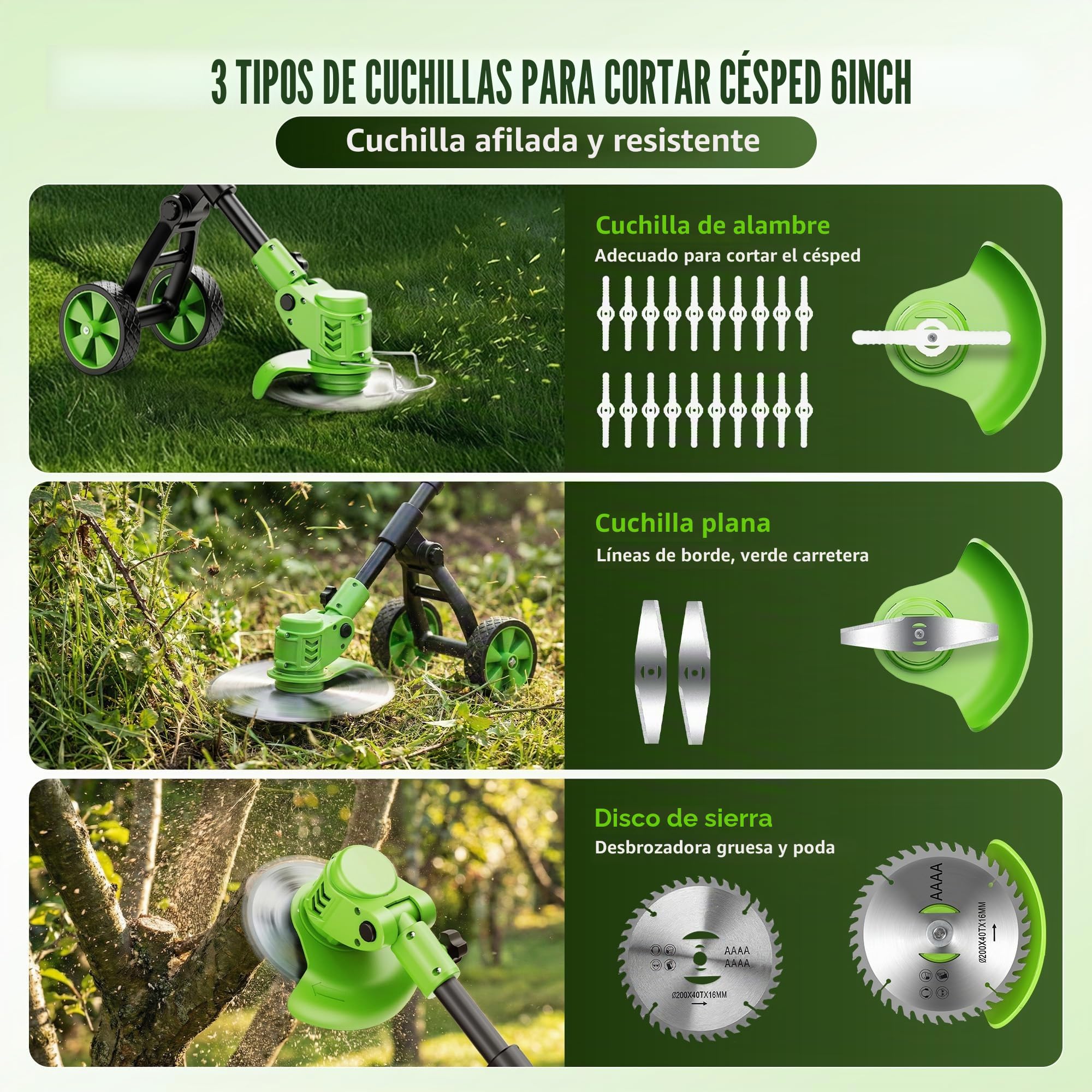 Desbrozadora Eléctrica a Batería 21V 650W, Cortabordes 4 en 1 Multifunción con 2 Baterías 2000mAh, Ruedas Desmontables, Cabezal Ajustable 90°, Herramienta de Jardín para Césped, Bordes