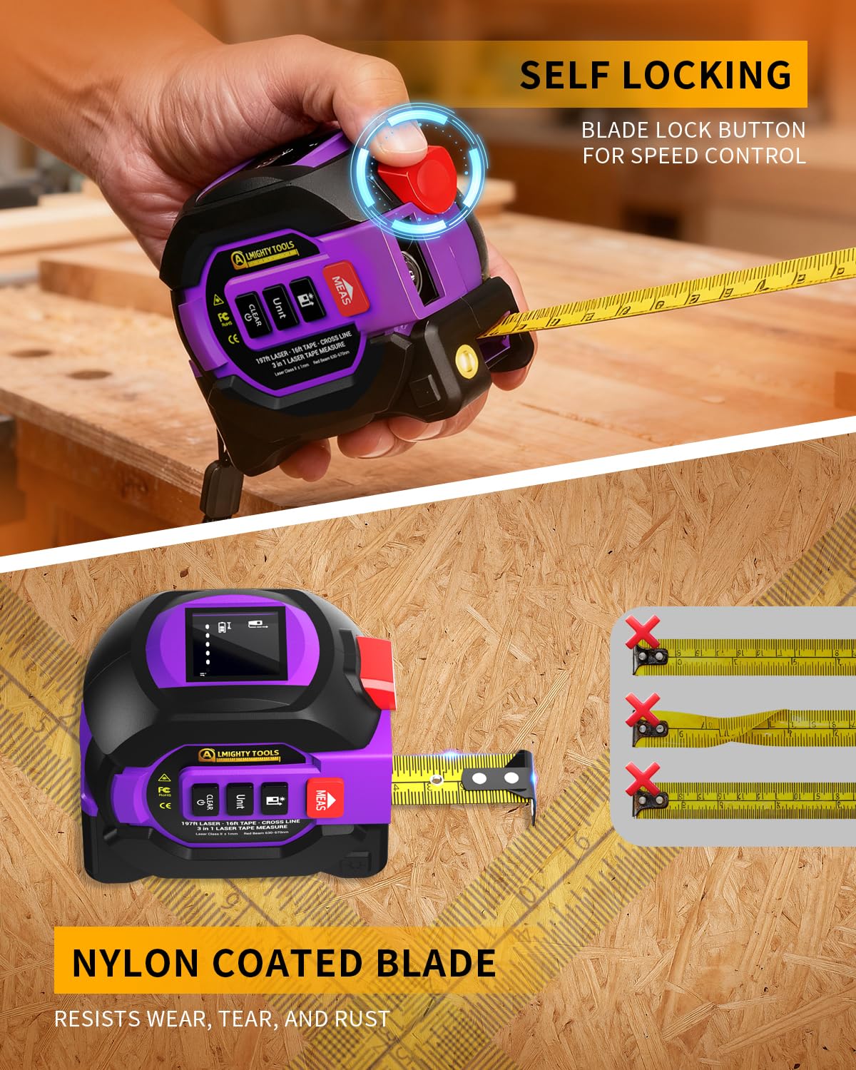Metro a nastro laser digitale 3 in 1, misuratore di distanza laser da 60 m, metro a nastro digitale con linea trasversale, blocco automatico, interruttore unità ft/in/m, area di misura, volume