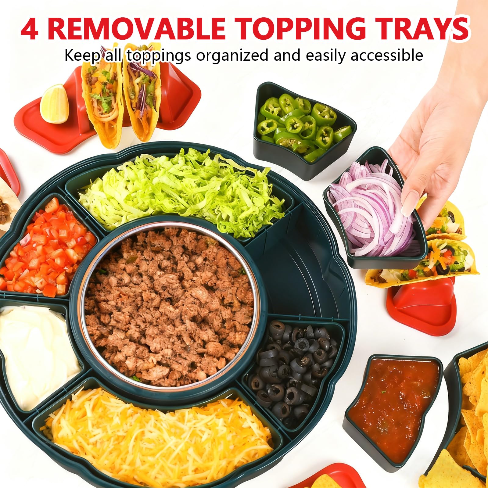 Set Taco Tuesday, Service à Tacos et Fondue au Chocolat avec Chauffe-Plat 1 L, 3 températures, 4 Supports et Plateau tournant, Parfait pour soirées familiales et Desserts