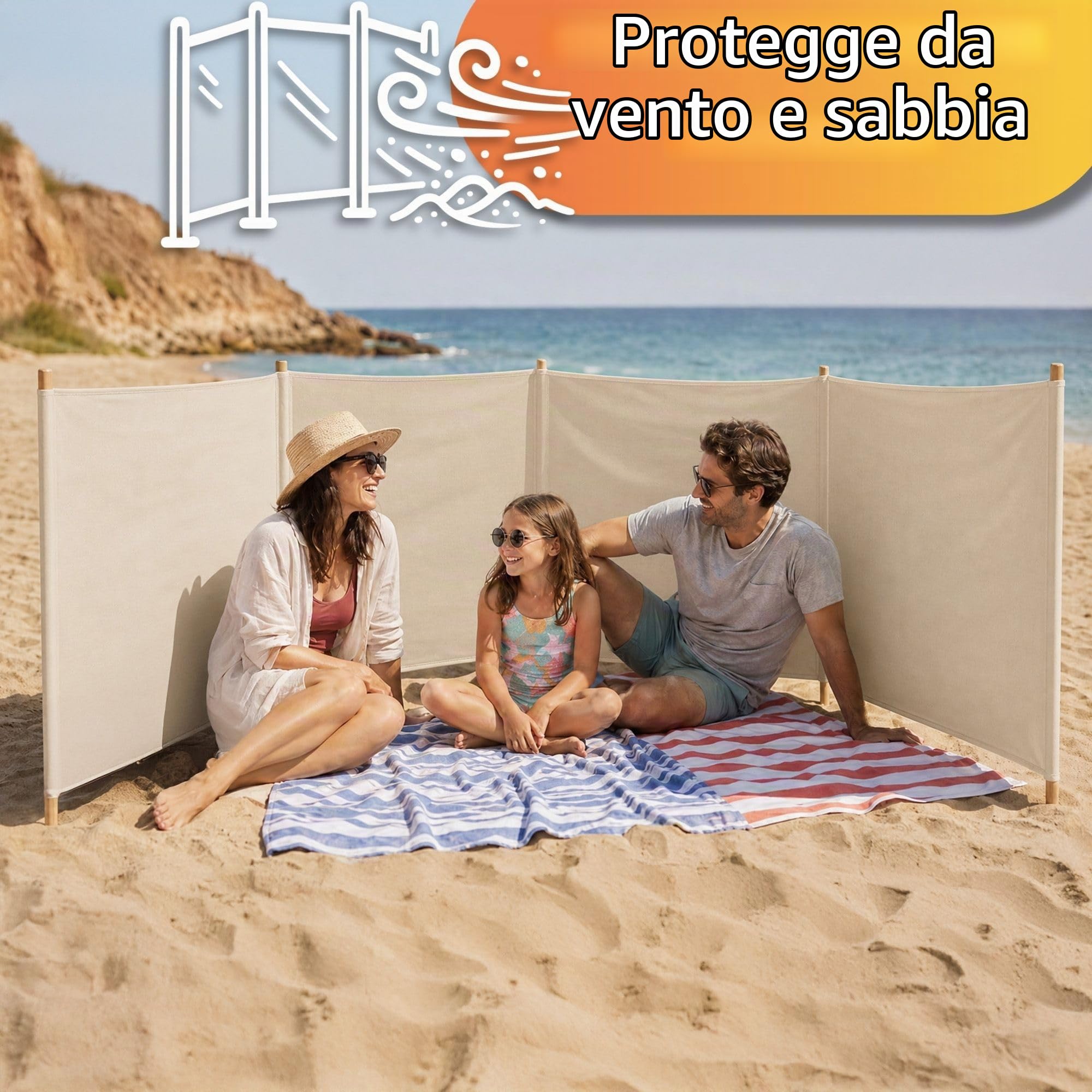 Amazinggirl Paravento Spiaggia con Paletti Legno – Frangivento per Campeggio Giardino e Piscina – Paravento da Esterno Outdoor in Tela Robusta Leggero Resistente e Stabile