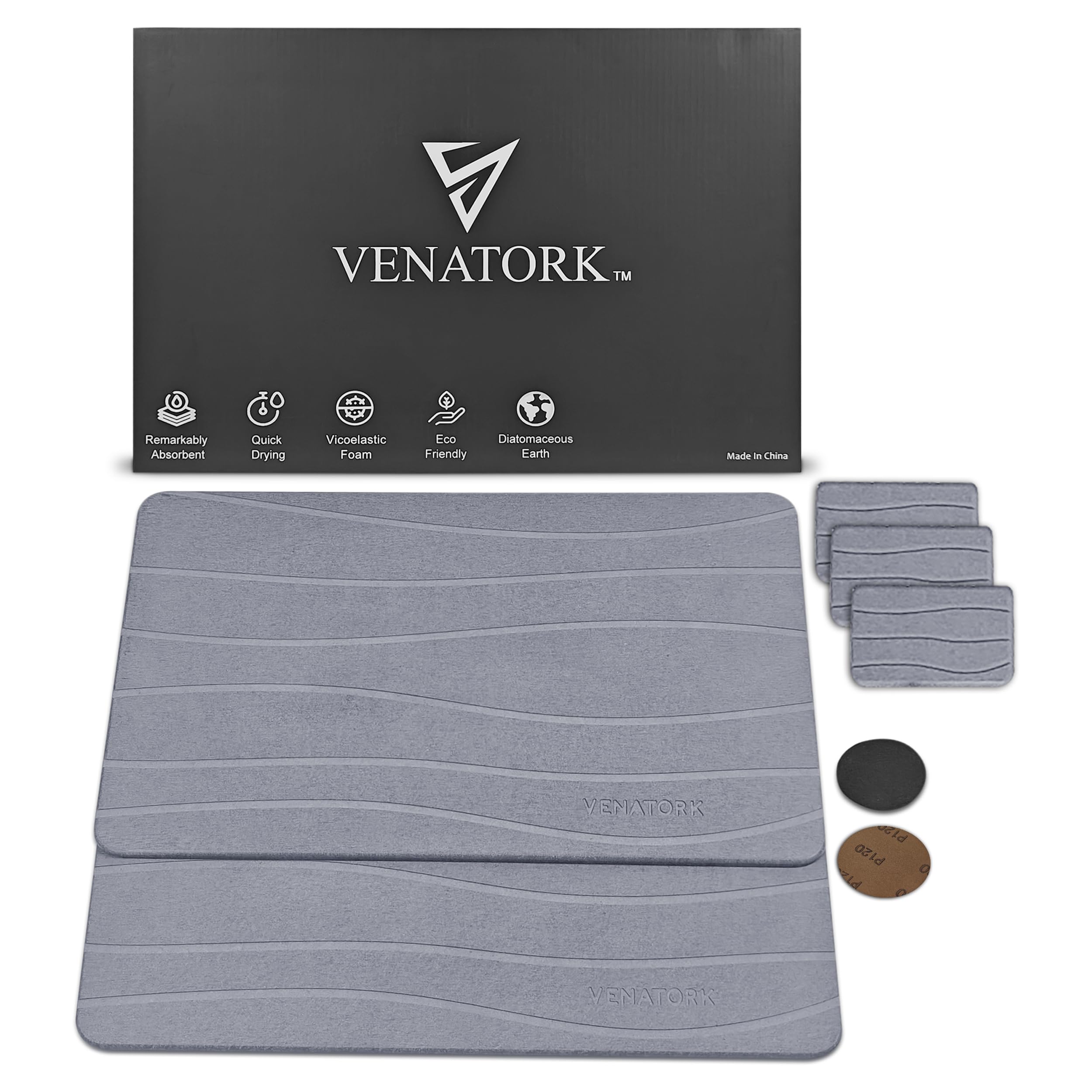 Venatork Stone Bath Mat - 2-Pack Bathroom Mat 23.6 x 15.3 inch - Large Stone Shower Mats with Anti-Slip Pads, Soap Dish Rugs - Super-Absorbing, Fast-Drying Diatomite, Kitchen Mat Set (Moderate Gray)