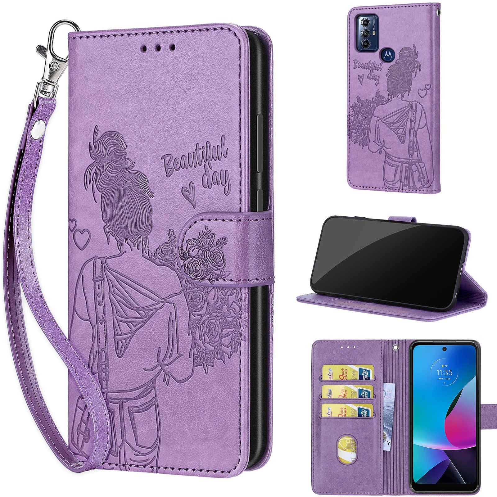 Designed for Motorola Moto G Play 2023 Case Wallet,Women Flip Folio Cover with Embossed PU Leather Stand Credit Card Holders Slots Wrist Strap Phone