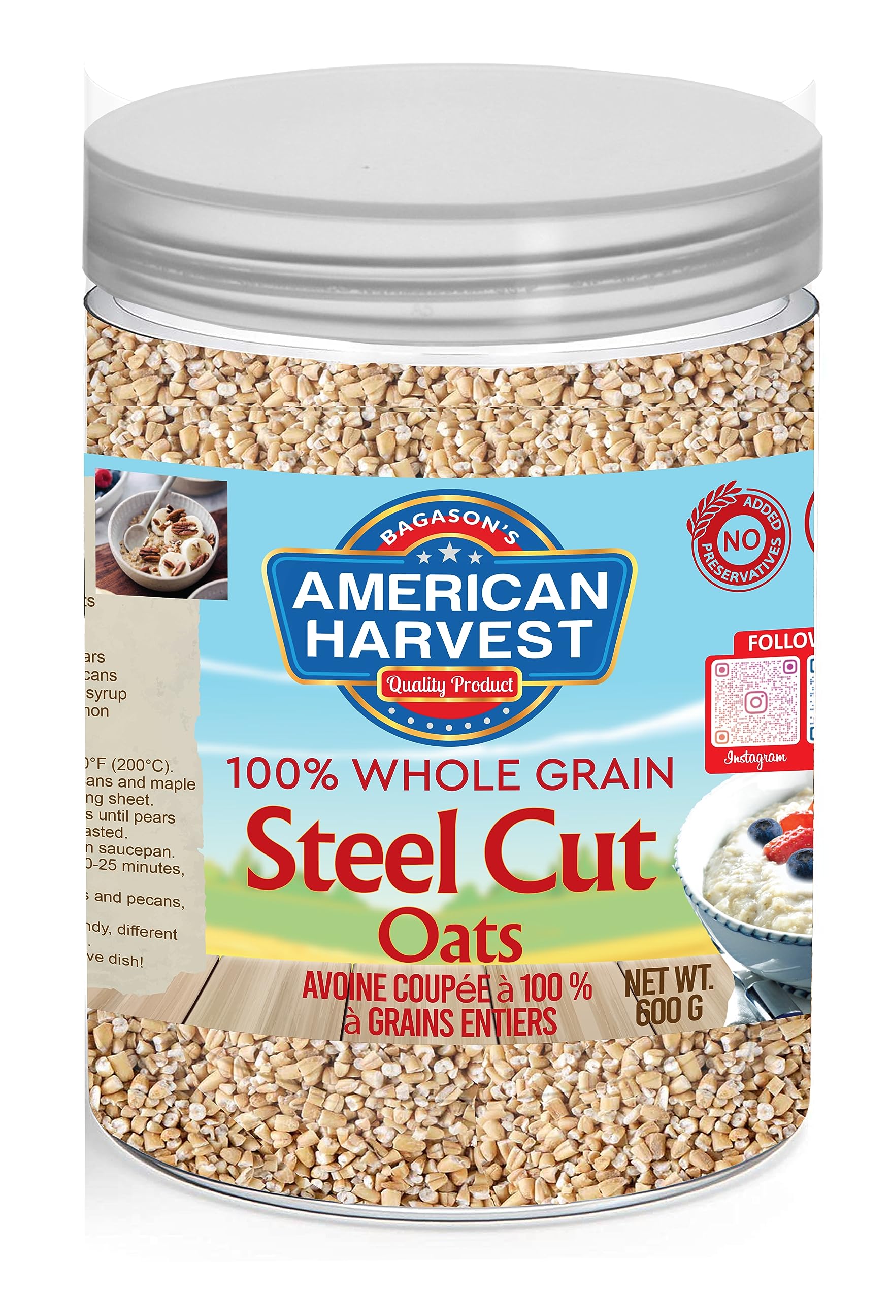 American Harvest Steel Cut Oats 600g Jar | Whole Grain Steel Cut Oats | Gluten Free | High Fiber | Slow-Cooked Hearty Texture | Ideal for Porridge & Savory Oats