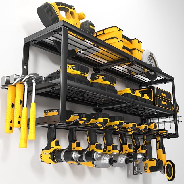 YYR Support mural de l'organisateur d'outils de puissance de poids lourd, sac de rangement sans fil de drill, porte-outils de batterie avec étagère de la station de recharge pour l'organisation du garage, atelier, pegboard, Shed - 32 1 cm 8 Fentes