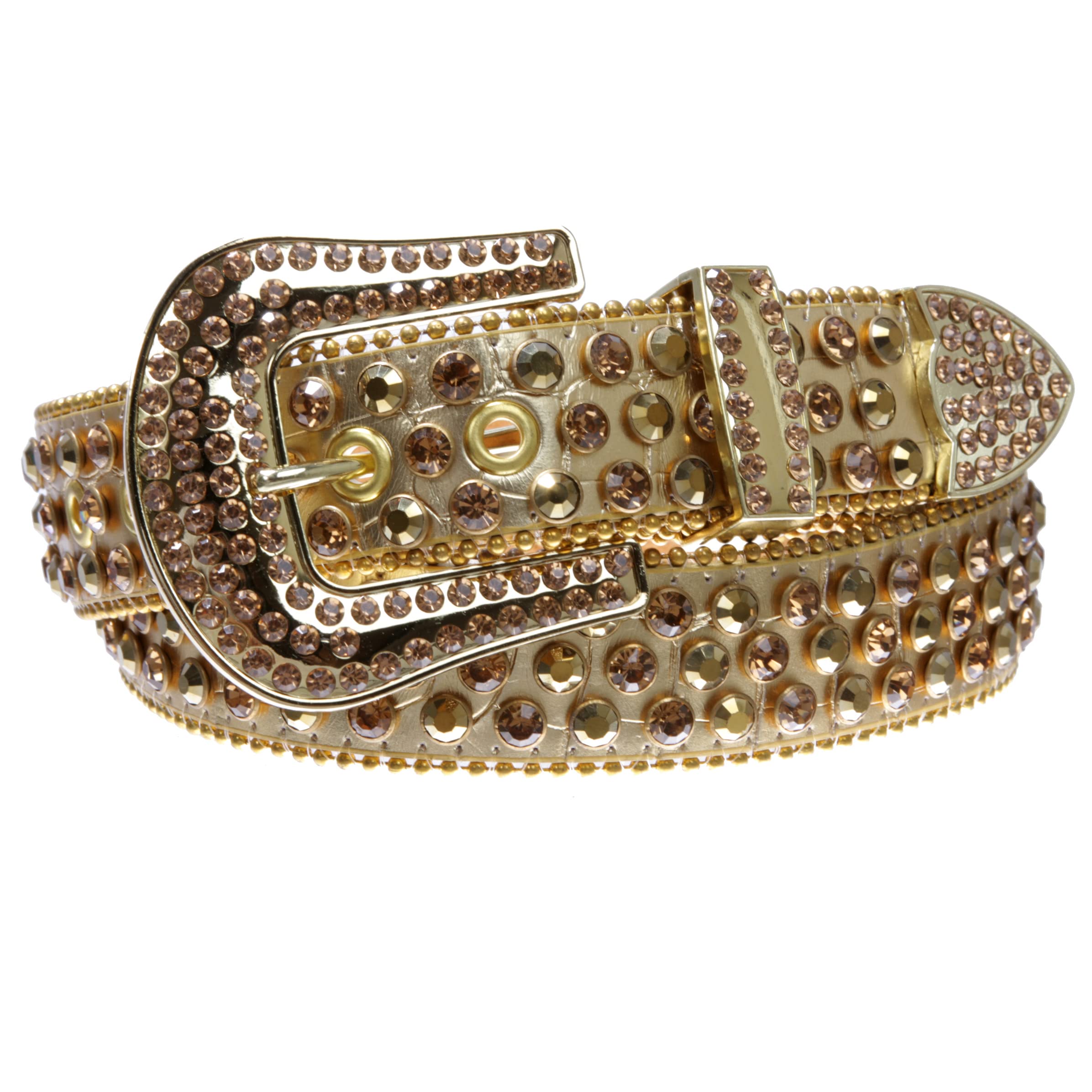 Cowboy Cowgirl Classic Western Rhinestone Bling Studded Diamond Leather Belt, gold/gold stone | m/l-38