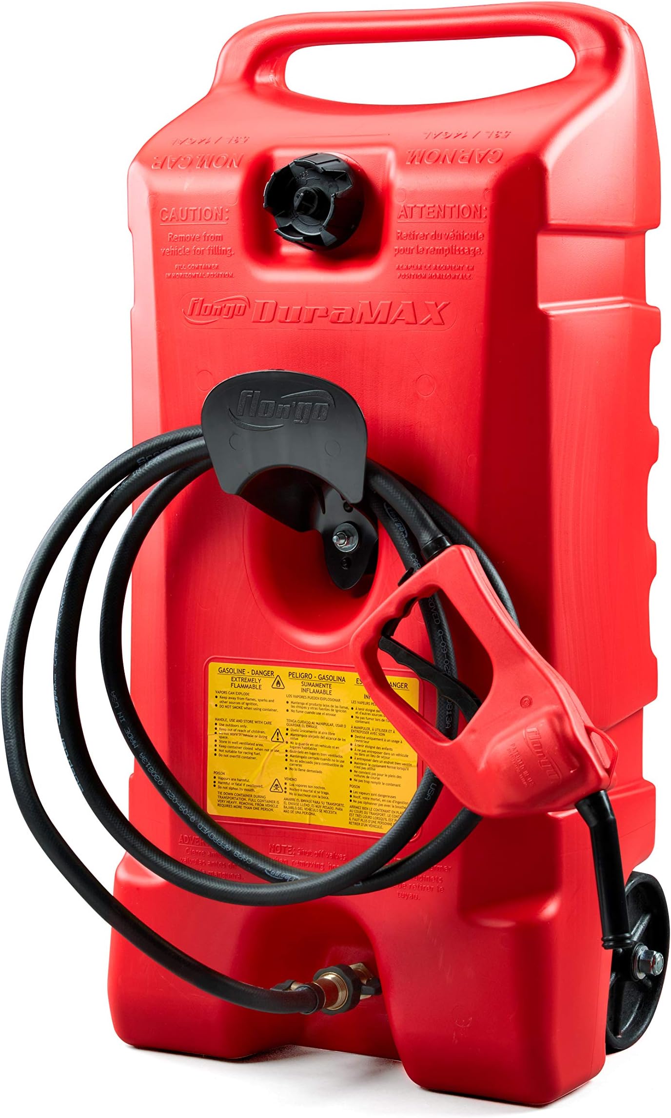 Scepter Duramax Flo ’N Go 14 Gallon Gas, 53 Liter Portable Fuel Tank and Fuel Transfer Pump with 10-Foot Hose for Lawn Mower, Farm, Marine, Commercial, and Home Use, Gasoline Only, Red