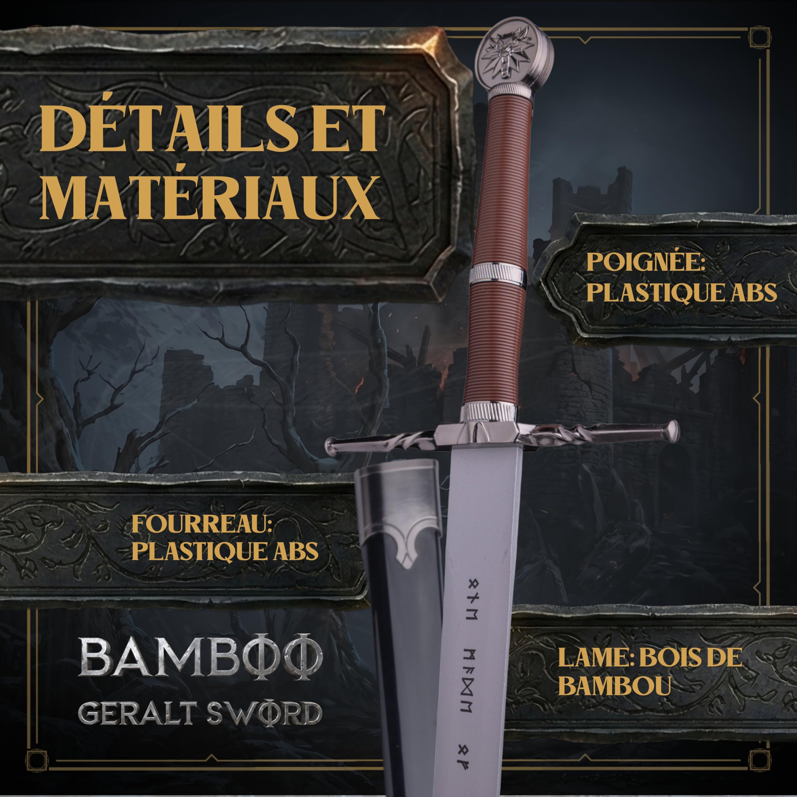 Épée Bambou Médiévale 122 cm - Inspirée par The Witcher - GN, Cosplay, Déguisement Chevalier, Décoration Murale