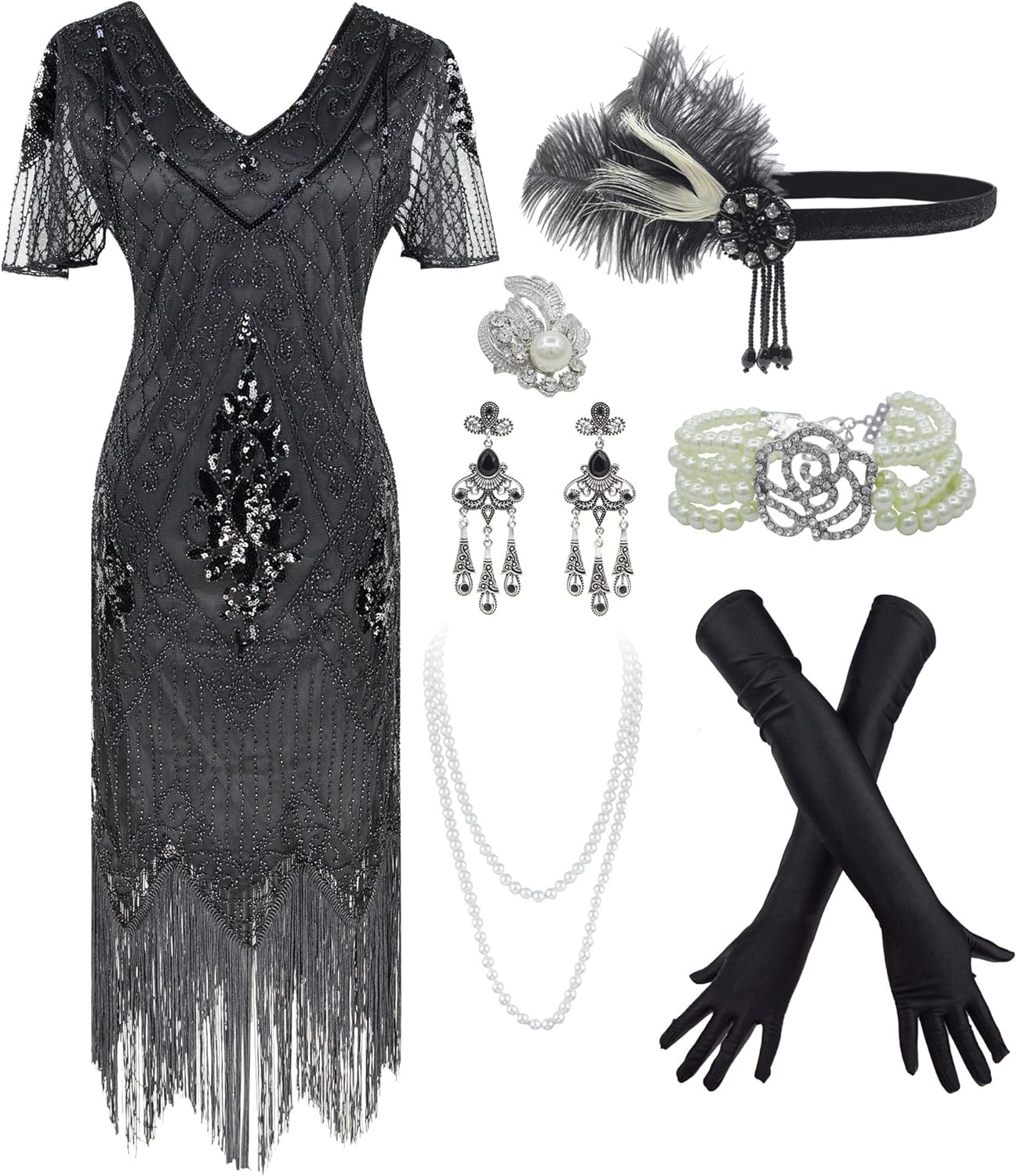 1920s Sequin Vintage Dress Beaded Gatsby Flapper Dress with Accessories Set