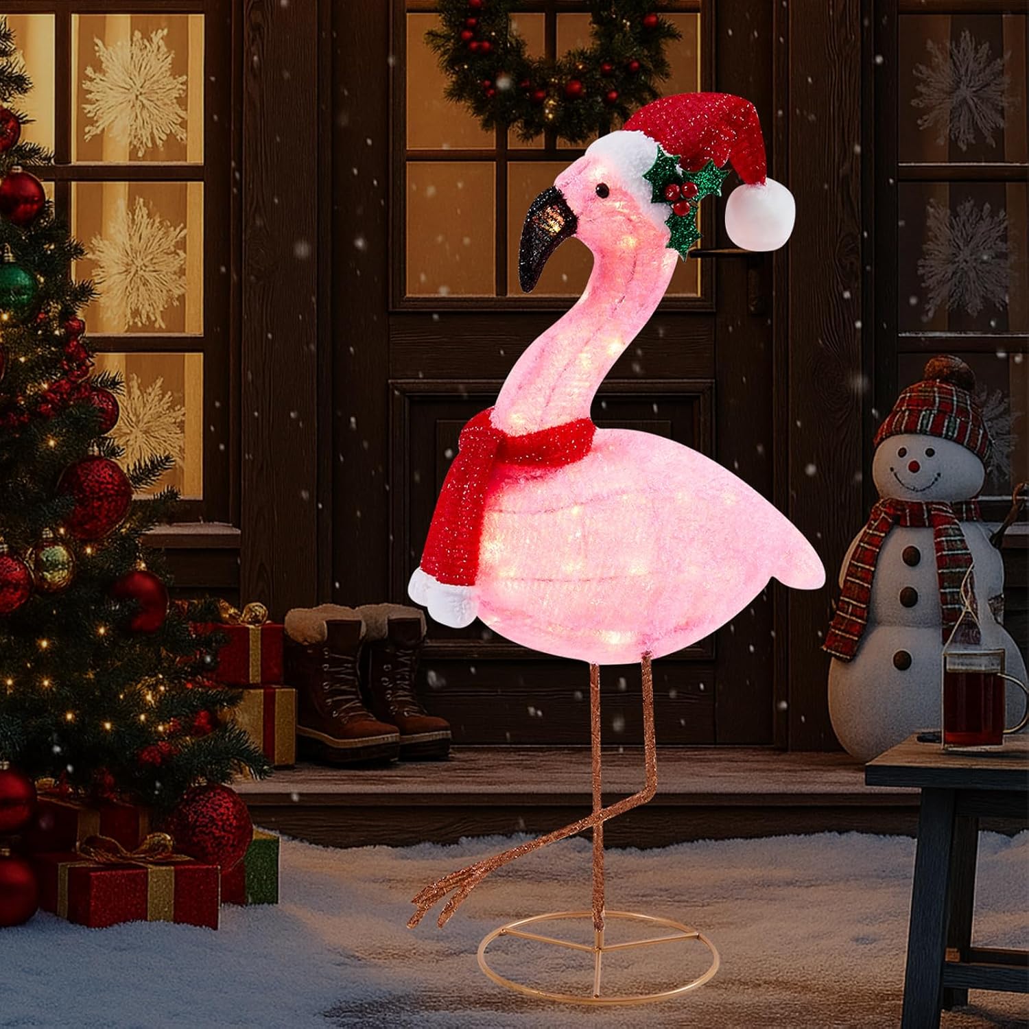flamingo christmas decorations, 28 inch lighted pink flamingo outdoor christmas holiday yard display, pre-lit with led lights for xmas event decor