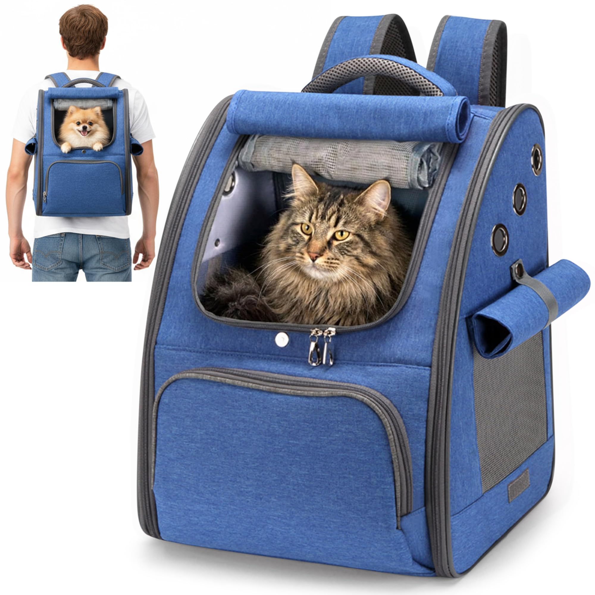 ALLSOPETS Zaino per Cani, Trasportino Gatto Zaino Pieghevole e Traspirante per Cani e Gatti con Tendine Parasole Ideale per Viaggi Escursioni e Campeggio (Blu Reale)