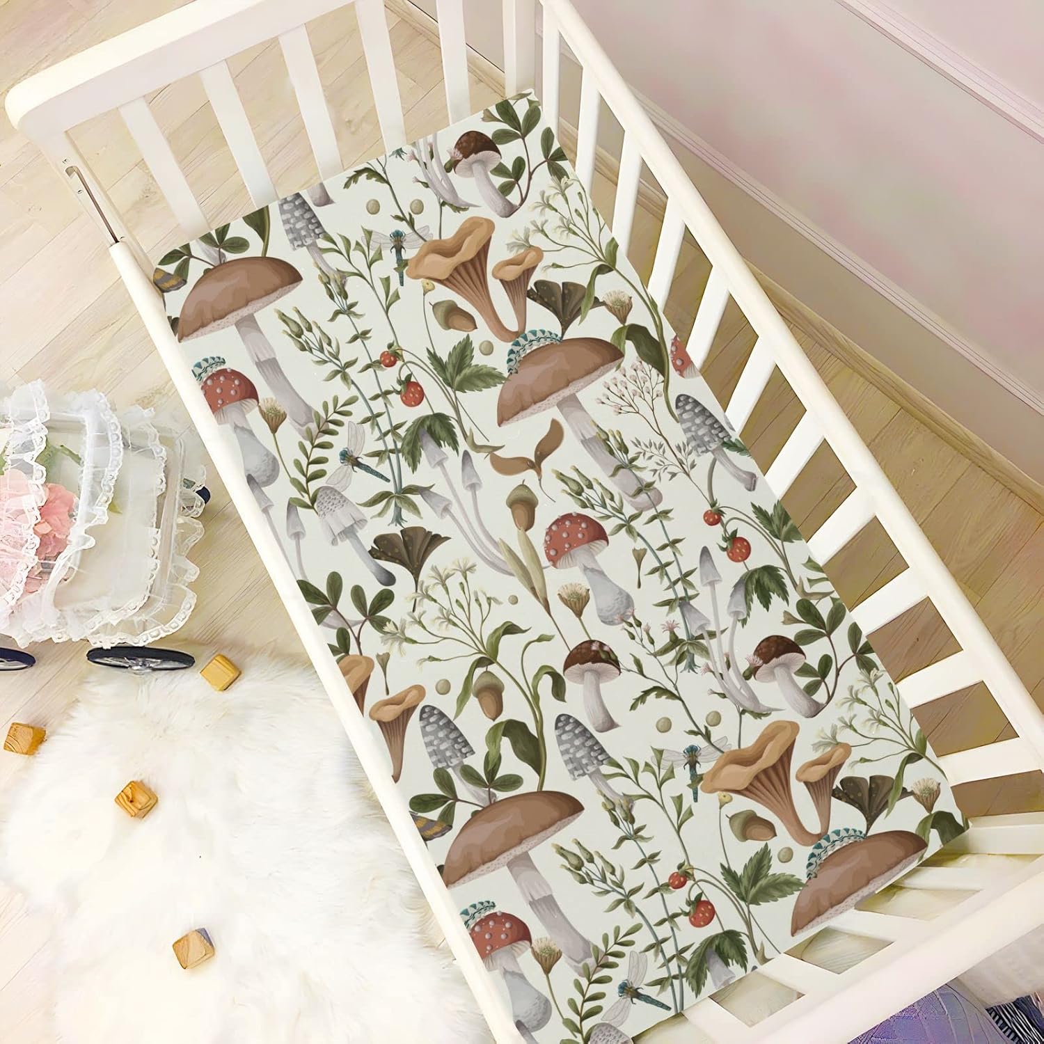 Mushrooms and Berries Crib Sheets for Boys Girls Soft Breathable Mini Crib Sheets for Baby 52" x 28"