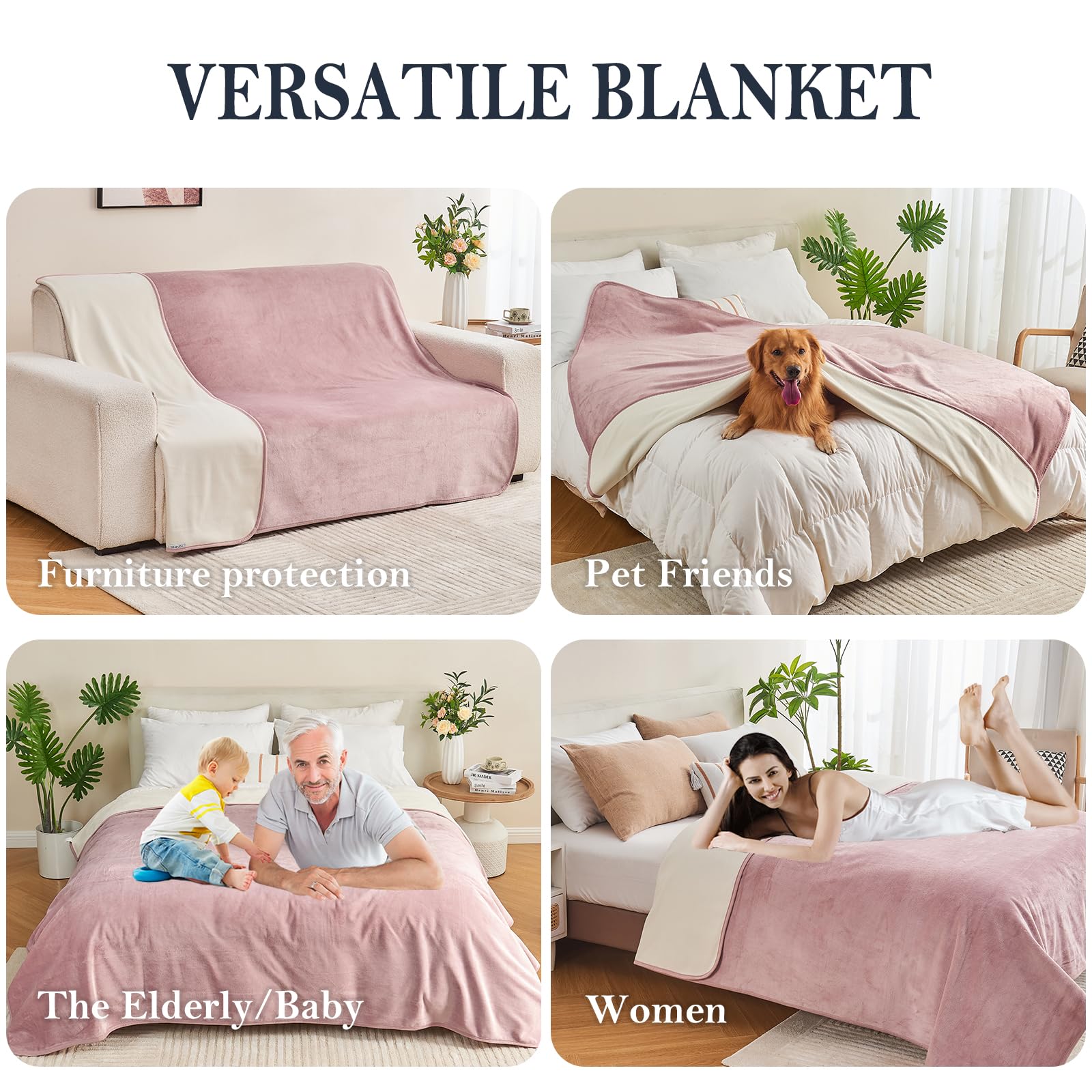 Yaning Waterproof Blanket 152x203cm for Adults Reversible Waterproof Bed Cover for Dogs Cats Pets Soft Leakproof Blanket for Bed Couch Sofa Furniture Protector Dusty Pink/Off White - Image 3