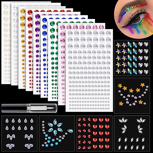 Miniatura 1 de Juego de 15 hojas de diamantes de imitación para la cara y calcomanías de perlas, 3 con 9 colores, gemas autoadhesivas de forma mixta, con pegamento