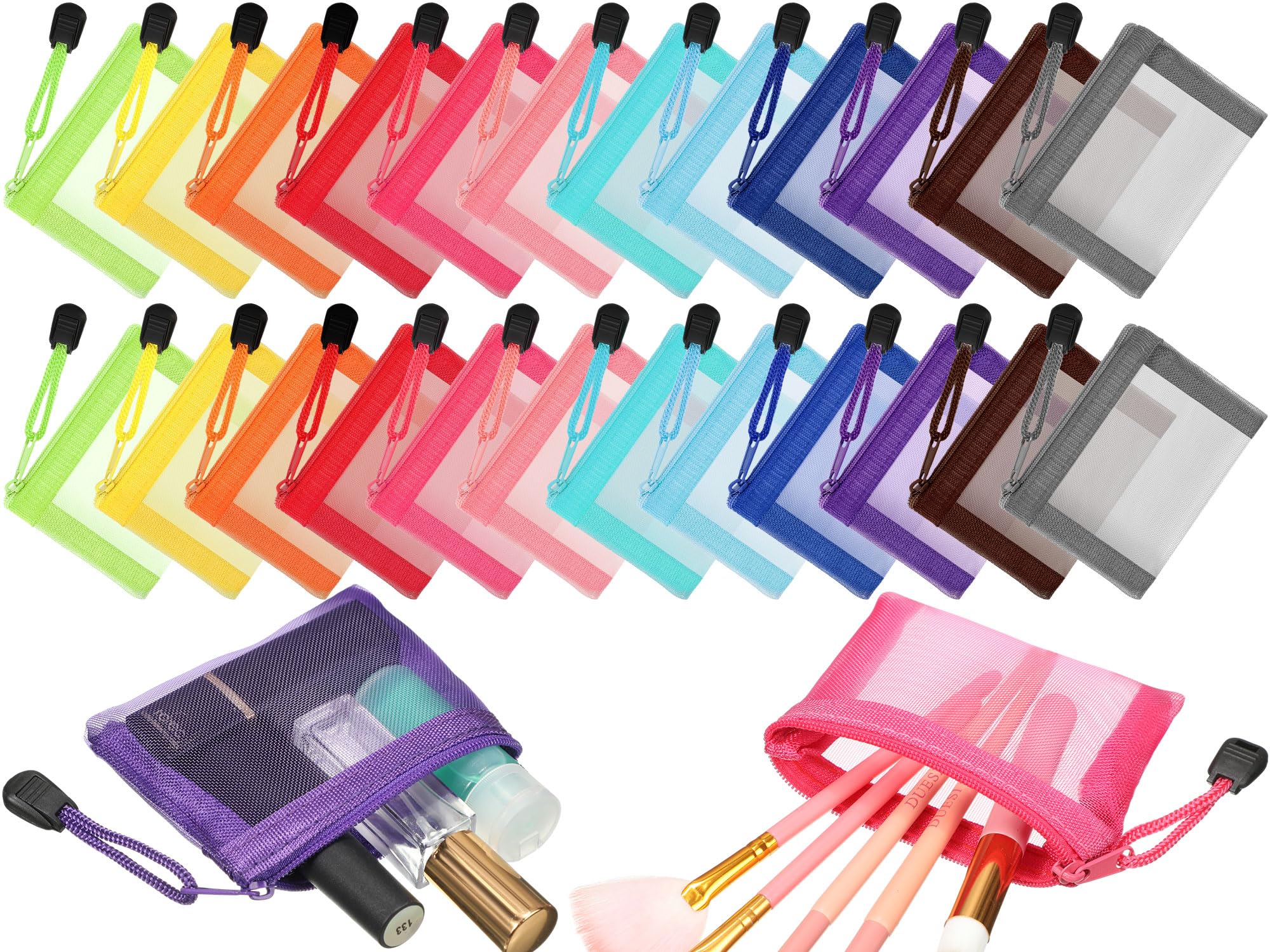 Jexine 24 Pcs Mini Zipper Mesh Bags Lipstick Cosmetic Accessories Organizer Nylon Makeup Zipper Pouch Small Cosmetic Bag for Purse Beauty Mesh Travel