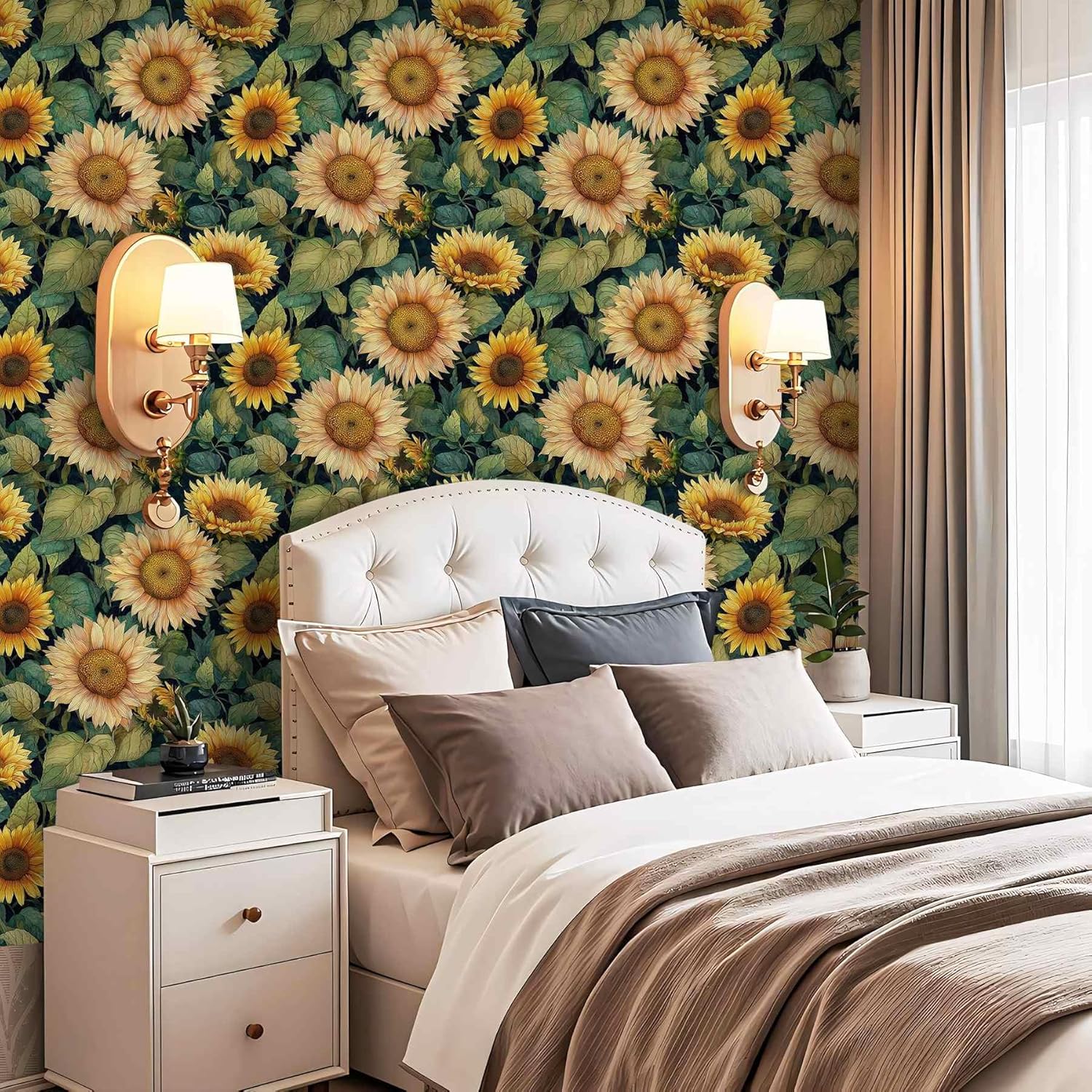 Sunflower Peel and Stick Wallpaper, Rustic Floral Botanical Wallpaper for Home Decor | Self-Adhesive, Waterproof Vinyl, 17.7" x 118"