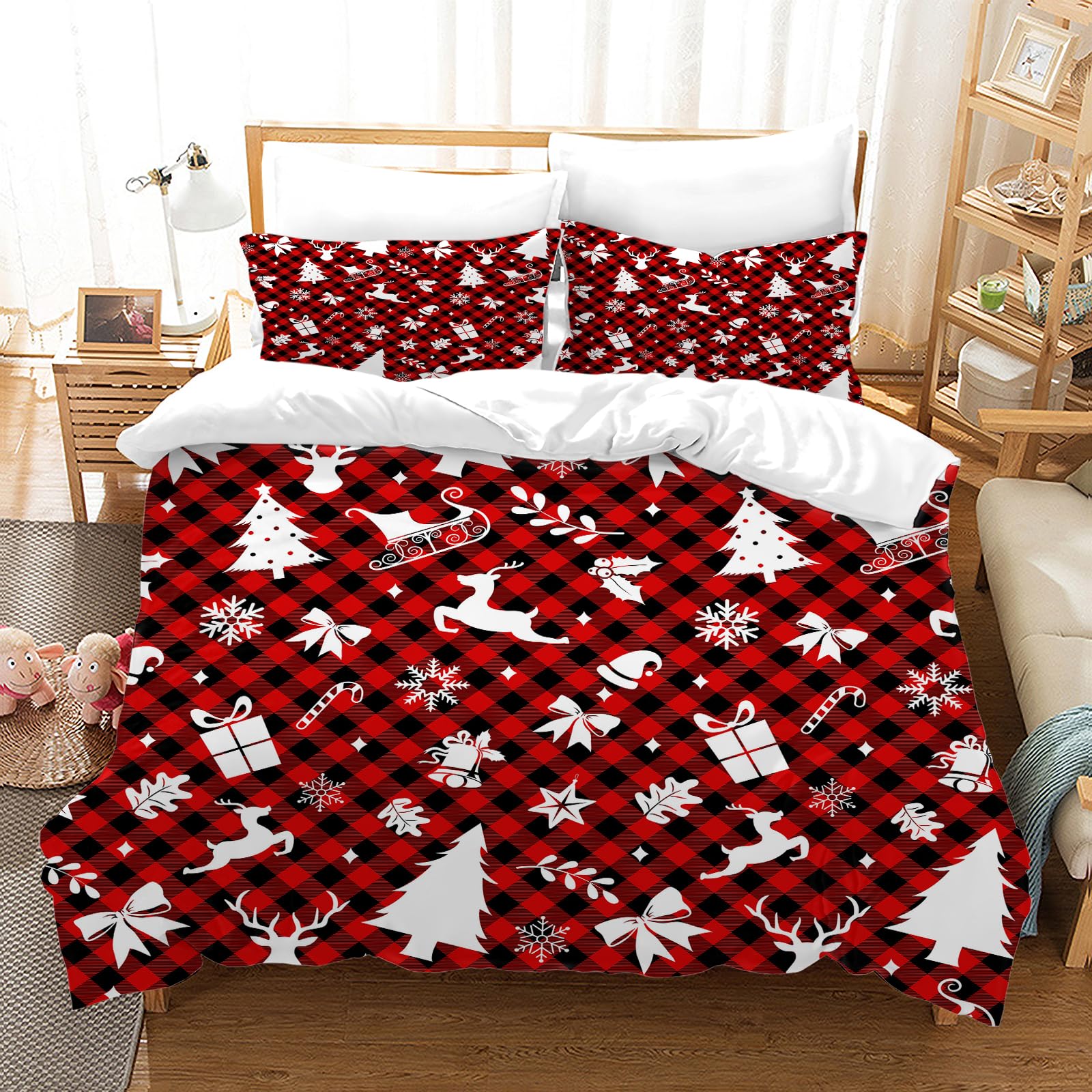 AVJWWD Set di biancheria da letto natalizia,Microfibra Copripiumino con Babbo Natale e alce motivo,decorazione natalizia, set regalo per ragazzi e ragazze (Natale B, 135 x 200 cm)
