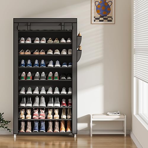 Miniatura 8 de Laiensia Zapatero vertical de 9 niveles, organizador de almacenamiento de zapatos que ahorra espacio, estante de zapatos de cubierta no tejida con