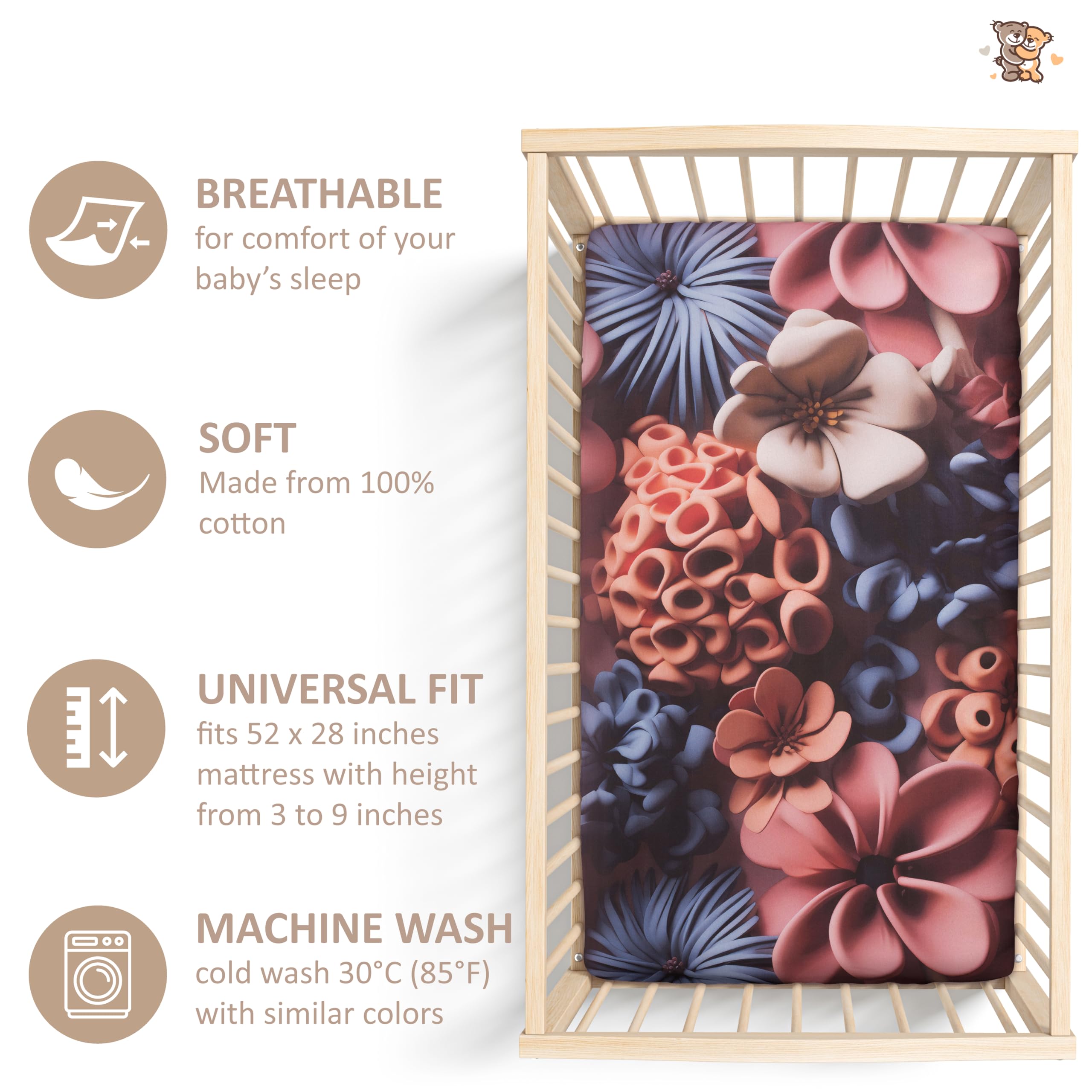 Lenzuolo per culla organico, 100% cotone, lenzuolo standard per culla (132 x 71 cm), lenzuolo con angoli per culla per bimbi e ragazzi neutri, lenzuola per bambini (fiore blu 3D)