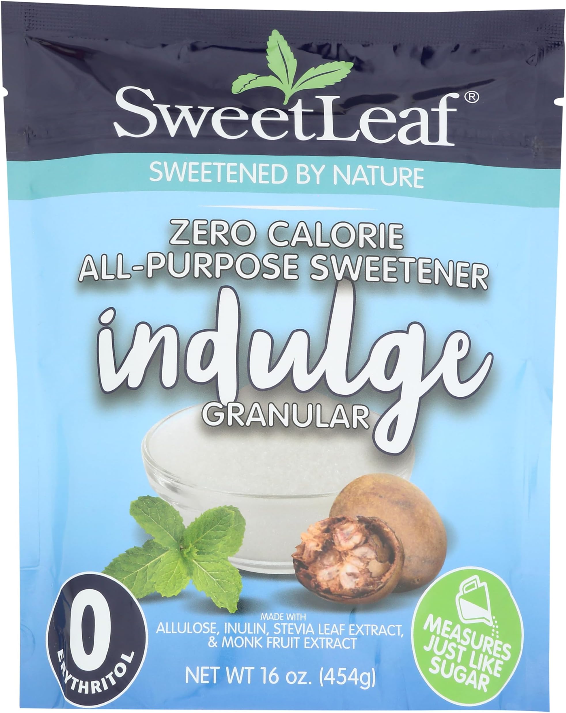 SweetLeaf Indulge Sweetener - Sugar Substitute with Stevia, Monk Fruit, Allulose, & Inulin, Use for Baking, Cooking, or Coffee, Granulated Sugar Alternative, Keto Friendly, Zero Calorie - 16 Oz