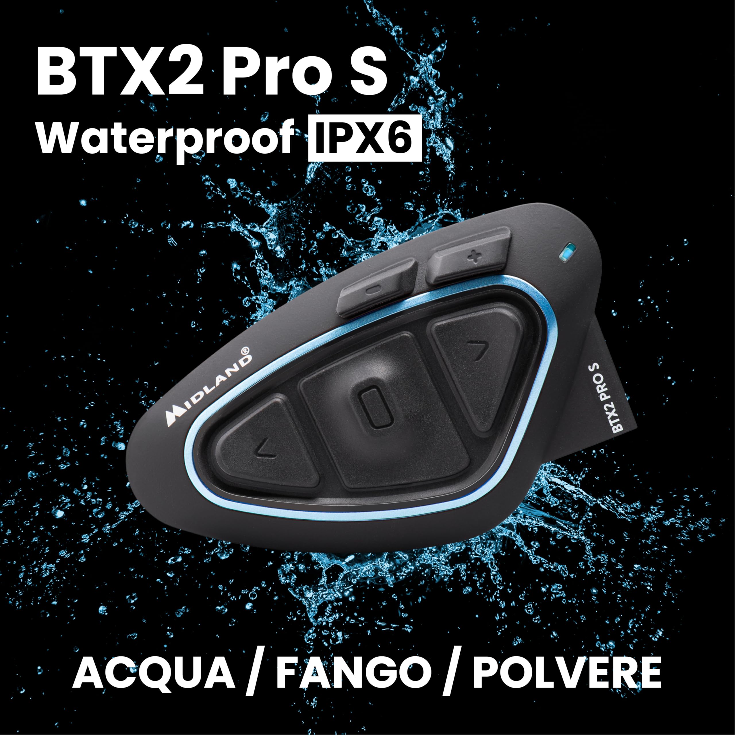 Midland Interfono Moto Bluetooth BTX2 Pro S Singolo, Auricolari Casco Impermeabili IPX6, Doppio Processore BT, 800 m, 4 Coppie, Batteria 23H, Cancellazione Rumore, Audio Hi-Fi
