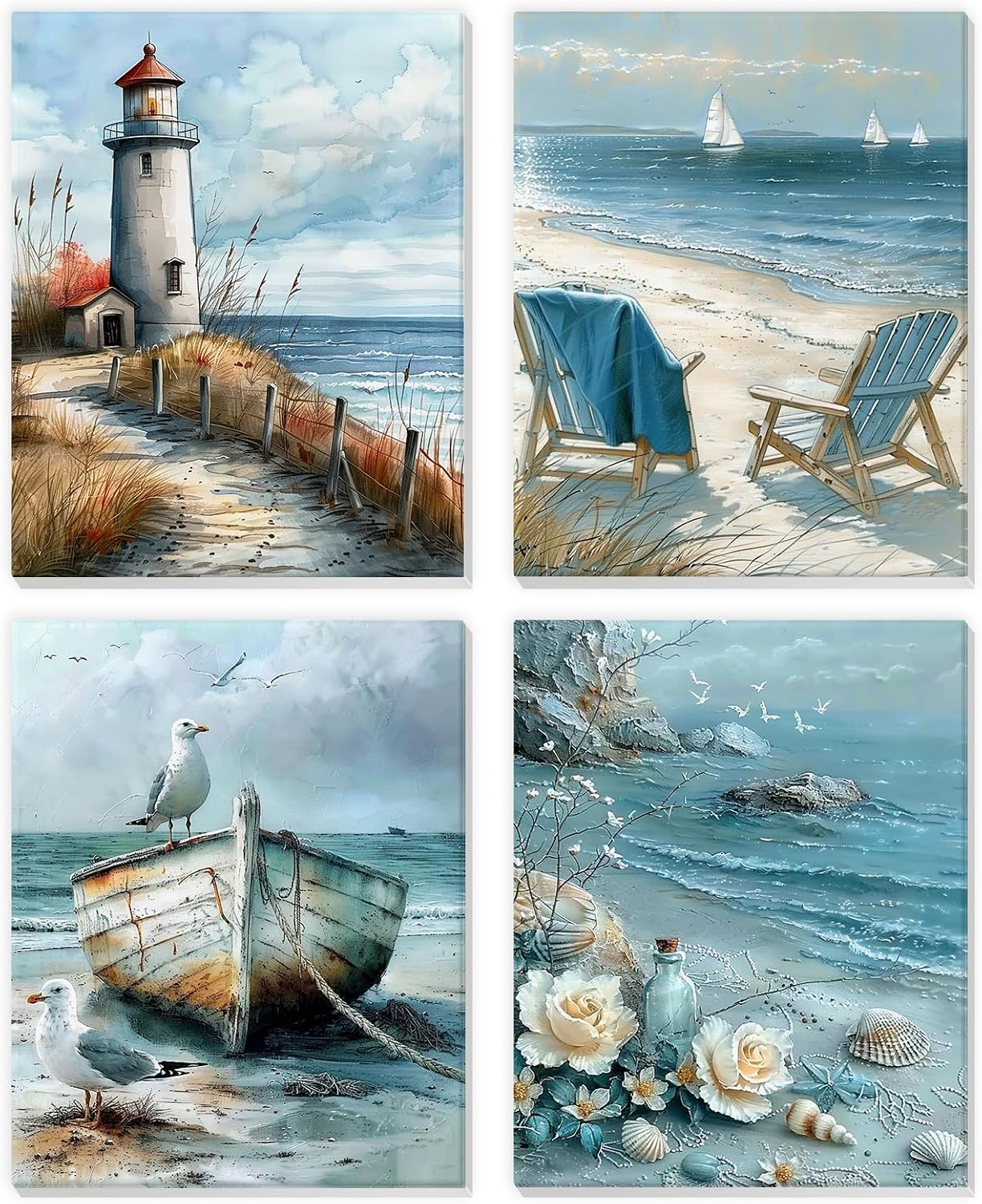 NEWENMO 4 Pack Paint by Numbers Kit for Kids Beginner with Wooden Frame, Lighthouse, Beach, Paint by Numbers Kit for Adults, Coastal Landscape, DIY Painting Kits for Home Wall Decor 8x10 inch
