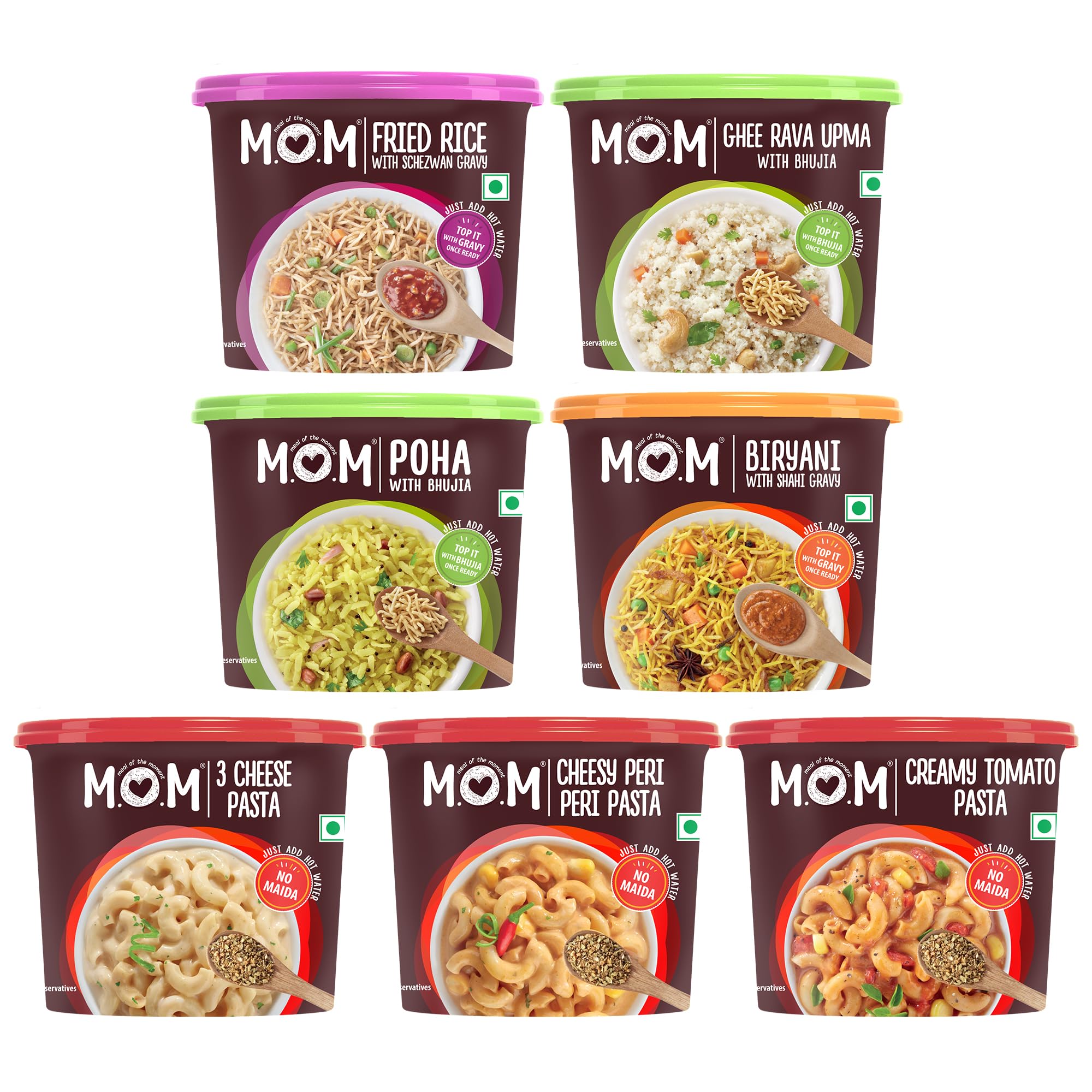MOM - Meal of the Moment, Weekly Combo Pack of Ghee Rava Upma with Bhujia , Fried Rice with Schezwan Gravy, Veg Biryani with Shahi Gravy, Poha with Bhujia, 3 Cheese Pasta, Cheesy Peri Peri Pasta, and Creamy Tomato Pasta - Ready to Eat | Instant Food | No added Preservatives
