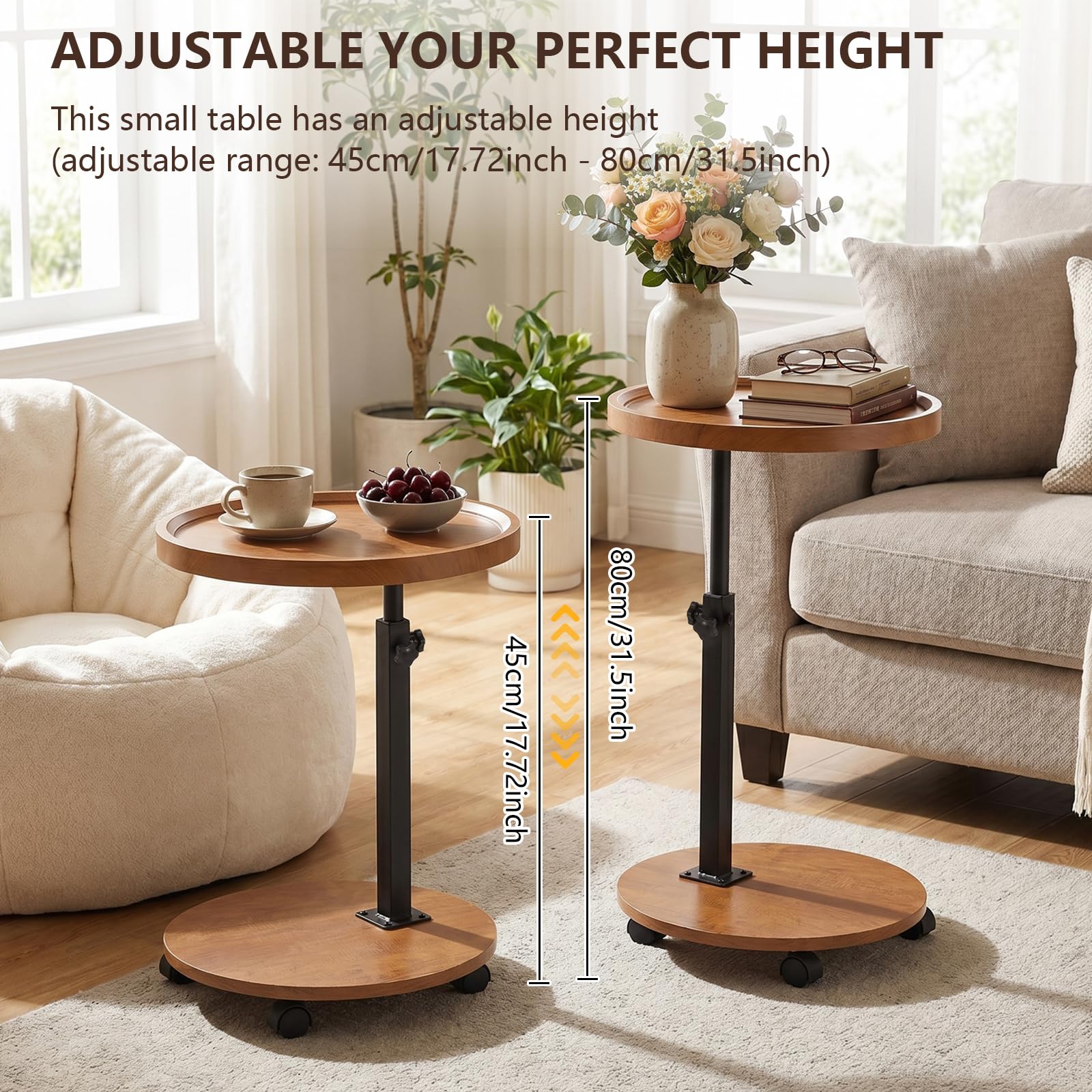 Mesa auxiliar de altura ajustable, mesa auxiliar giratoria de 360° con ruedas para sofá, dormitorio, oficina, sala de estar, mesas de café para espacios pequeños (color madera natural)