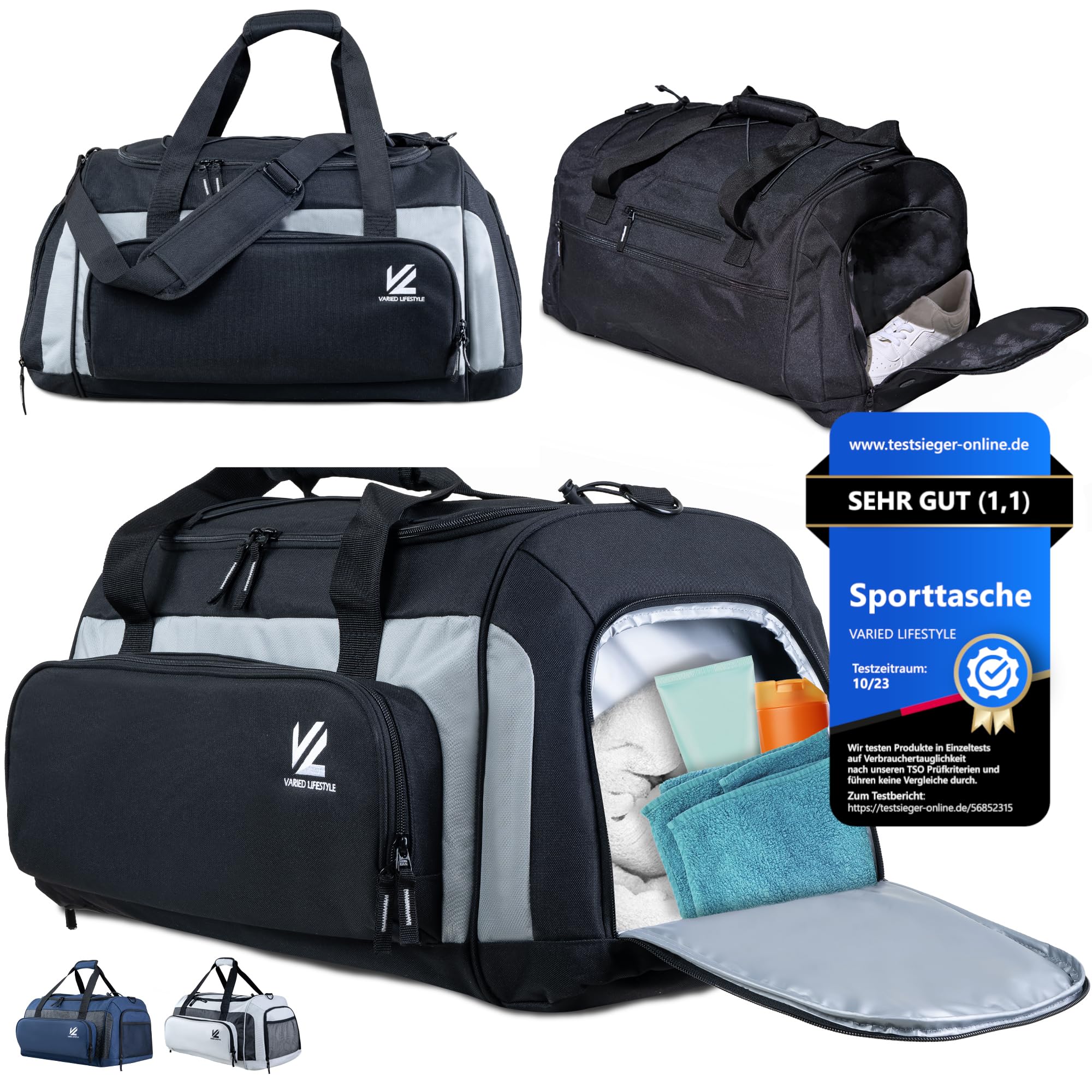 VL® Sporttasche mit Schuhfach, Nassfach & [Isoliertes Kühlfach] Saunatasche & Reisetasche für Damen & Herren Gym Bag, Gym Tasche, Fitnesstasche, Trainingstasche, Schwimmtasche 50L Schwarz-Grau