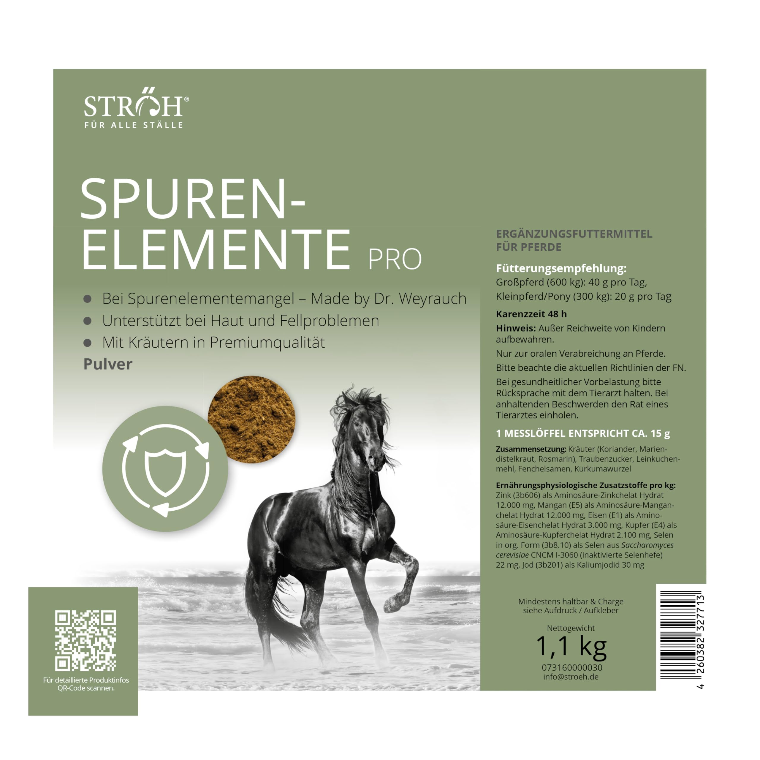 STRÖH Oligoelementi per polvere cavallo (1,1 kg) • Zinco, manganese, ferro, rame, selenio, iodio e cobalto per cavalli • Erbe per cavalli • Mangime minerale di alta qualità