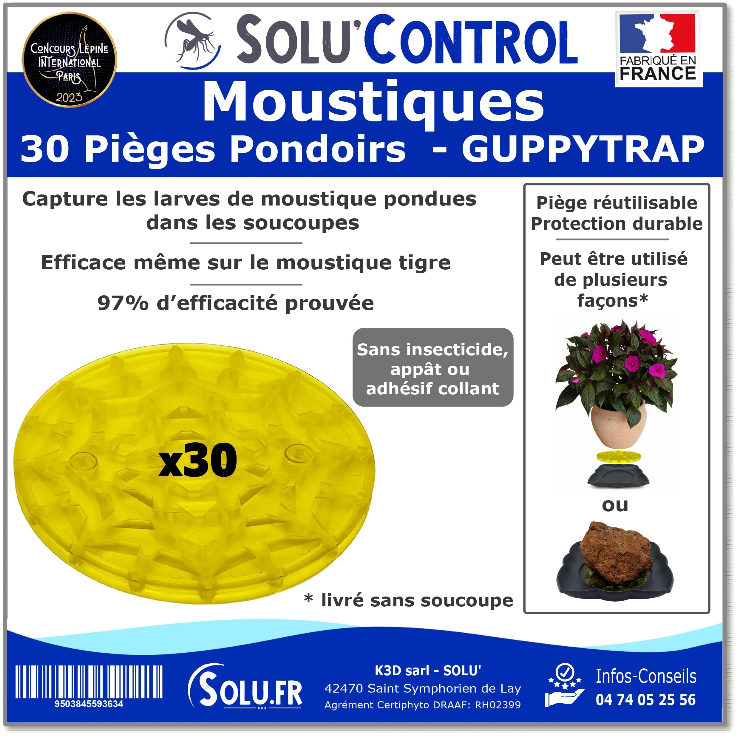 30 Guppy Trap, Piège Pondoir à Moustiques Écologique, sans Insecticide, sans Adhésif, Médaille d'argent Concours Lépine 2023, Livré sans coupelle, Fabriqué en France