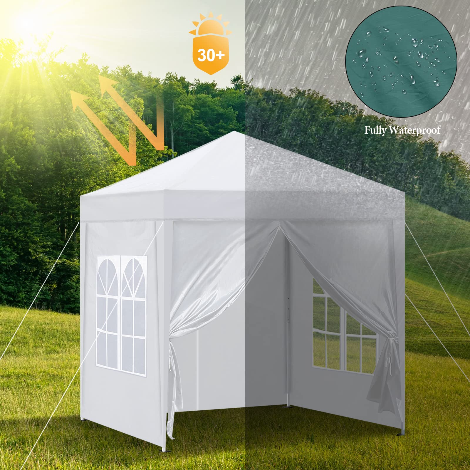 CLIPOP Tonnelle de jardin de 3 x 3 m avec 4 panneaux latéraux, barnum portatif blanc de fête avec structure en métal épais et sac de transport, pour mariage, extérieur, camping, plage