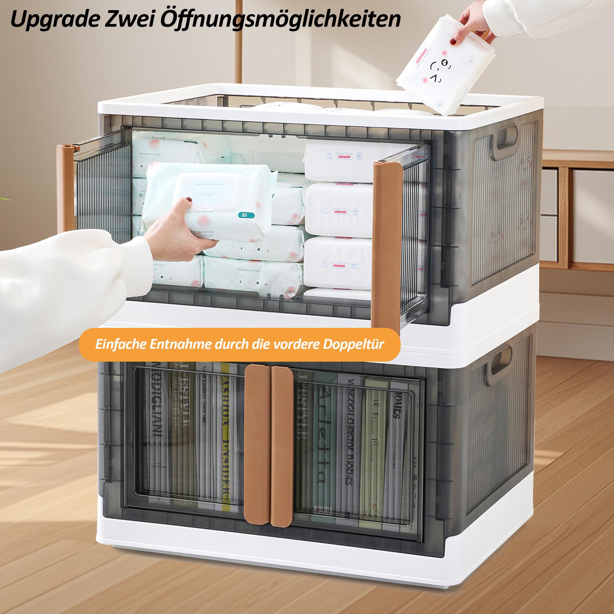 CALIYO Aufbewahrungsbox mit Deckel, 45L*3 Stapelbare Aufbewahrungsboxen Kisten Aufbewahrung mit Deckel Faltbare Aufbewahrung mit Türen und Rollen für Hause
