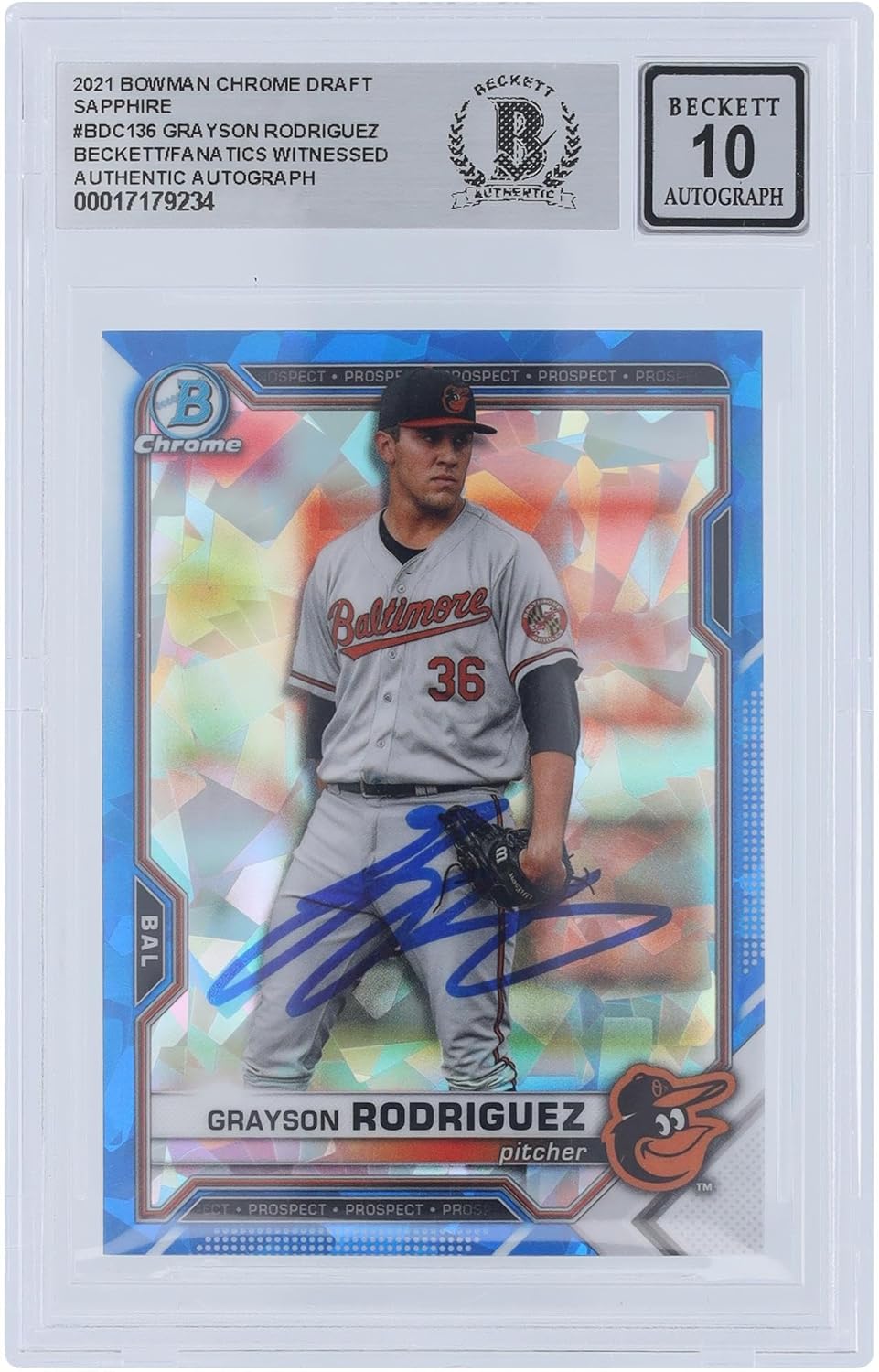 Grayson Rodriguez Baltimore Orioles Autographed 2021 Bowman Chrome Draft Sapphire #BDC-136 Beckett Fanatics Witnessed Authenticated 10 Card - Baseball Slabbed Autographed Cards