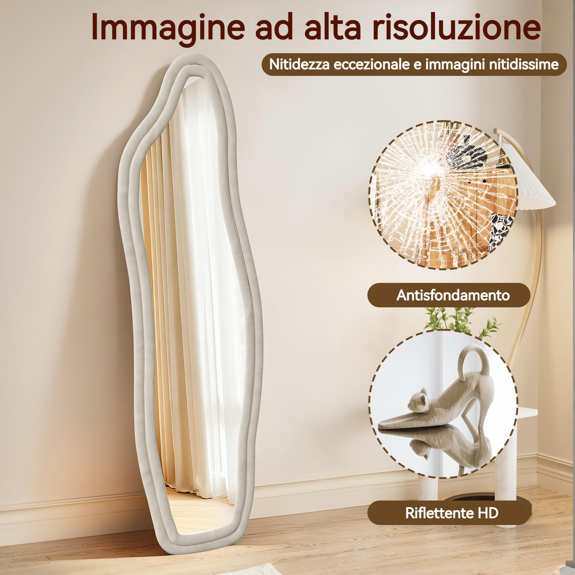 Specchio intero 160 x 50 cm, asimmetrico curvo, con cornice in tessuto di velluto, grande specchio da parete per soggiorno, camera da letto, sospeso/in piedi (bianco A, 160 x 50)