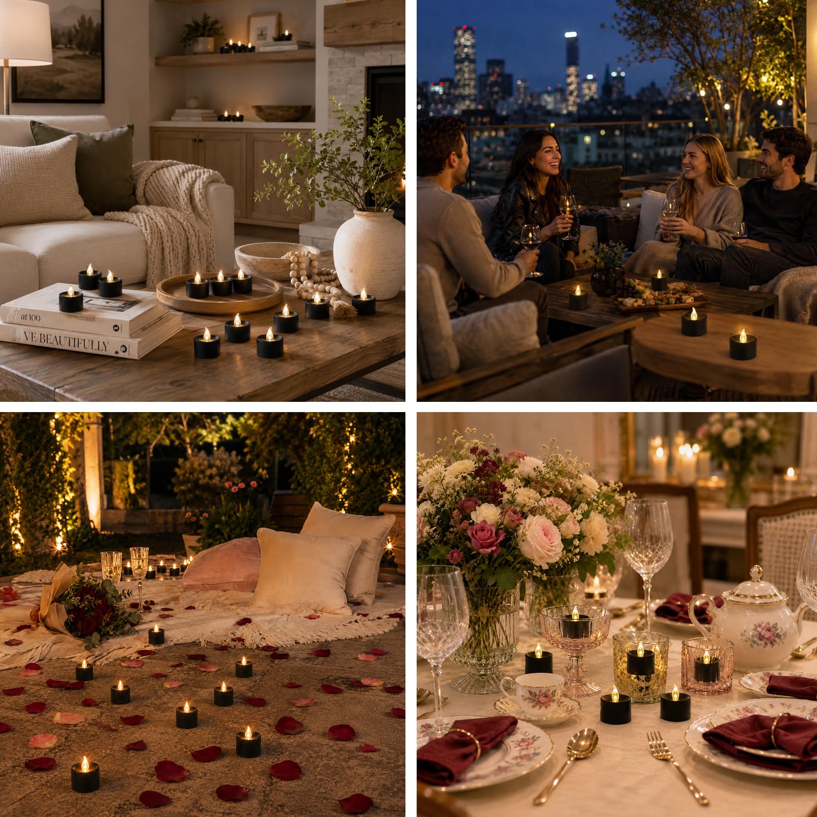 Lumini senza fiamma tremolanti, alimentati a batteria, finti lumini elettrici a LED per candele votive, centrotavola, decorazioni da tavolo, matrimoni, anniversari, Natale (nero, luce bianca