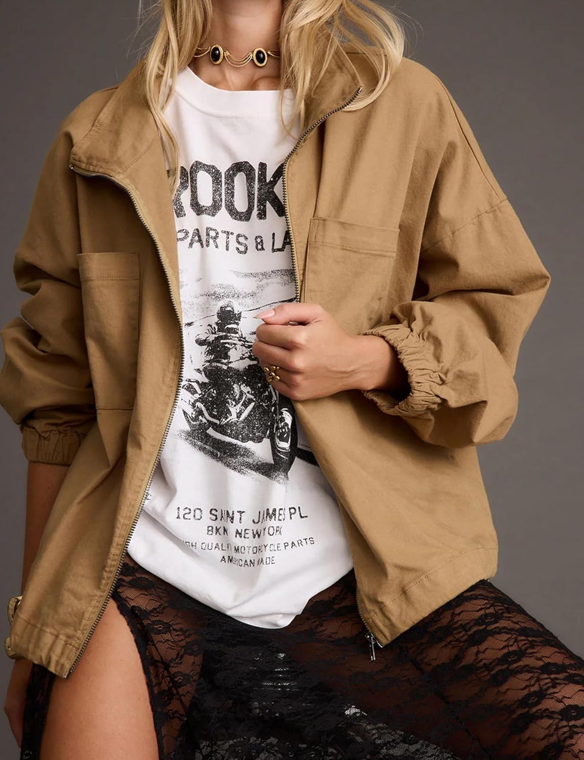 Womens Jacket Collared Zip Up Long Sleeve Utility Coat Jacket Casual Vintage Outerwear with Pockets