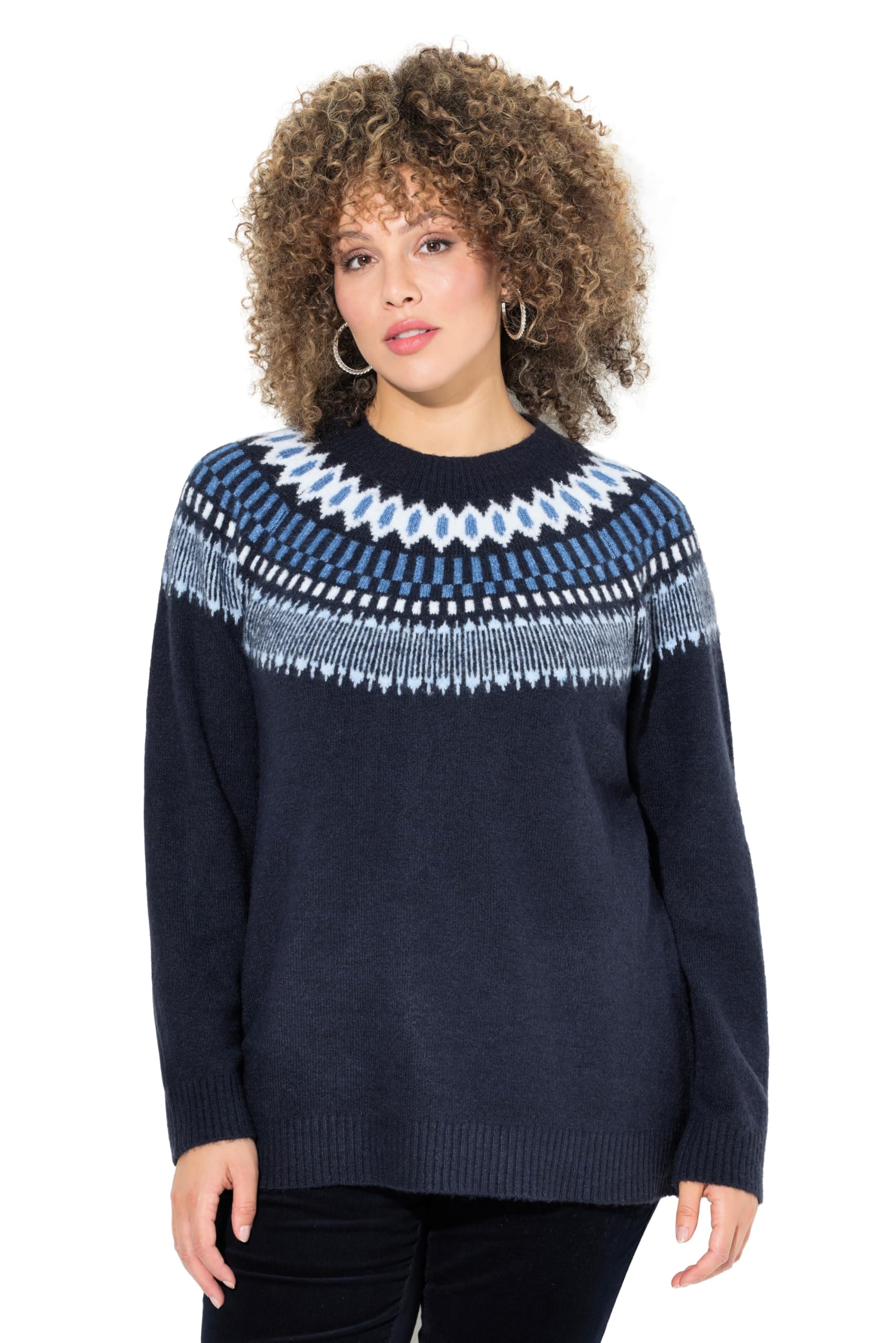 Ulla Popken Damen große Größen Übergrößen Plus Size Norweger-Pullover, Rundhals, Langarm, weicher Feinstrick 824410