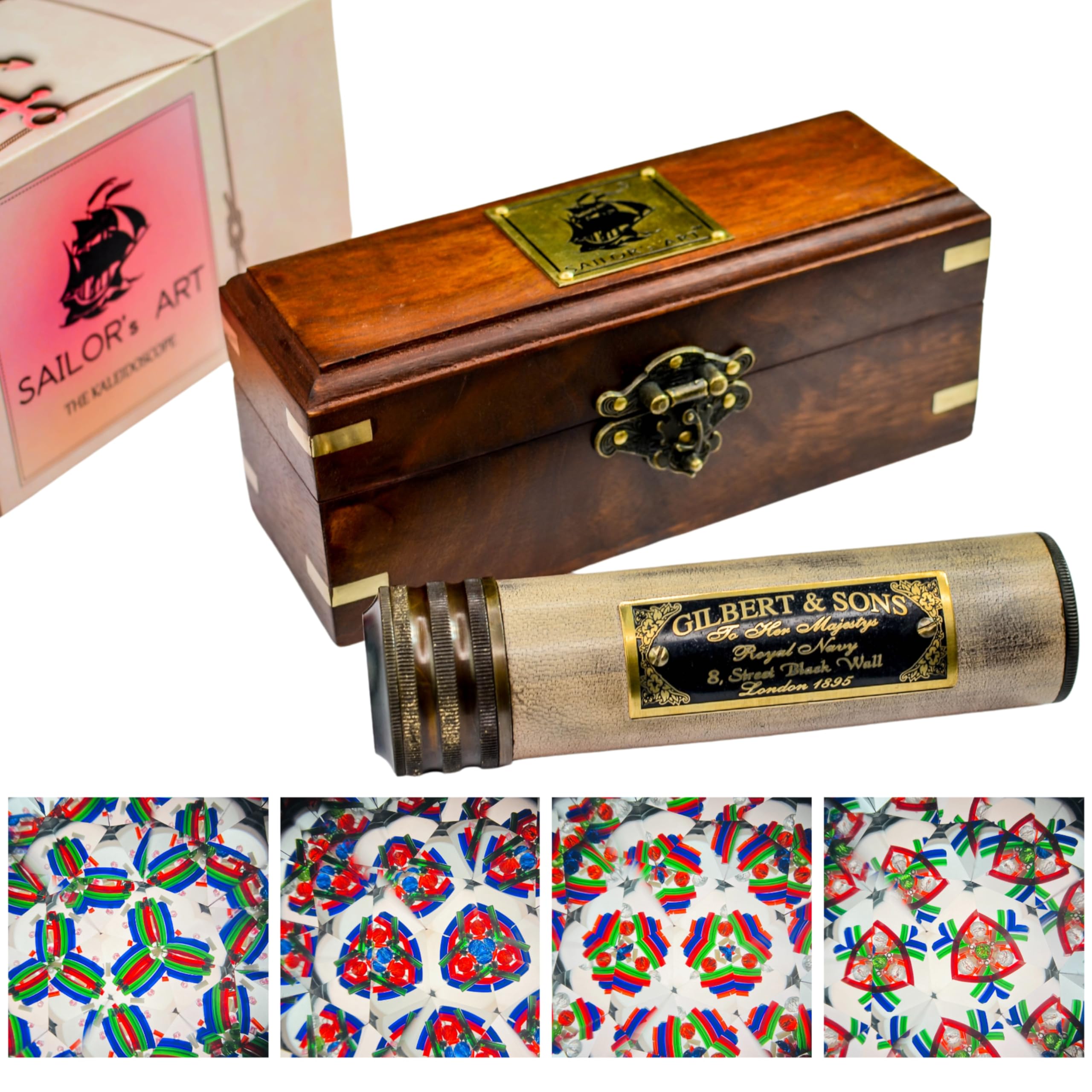 Handmade Kaleidoscope with Wooden Box, Educational Vintage Collection, Antique Birthday Gift Décor Solid Brass 5.5 Inch Kaleidoscope for Adults